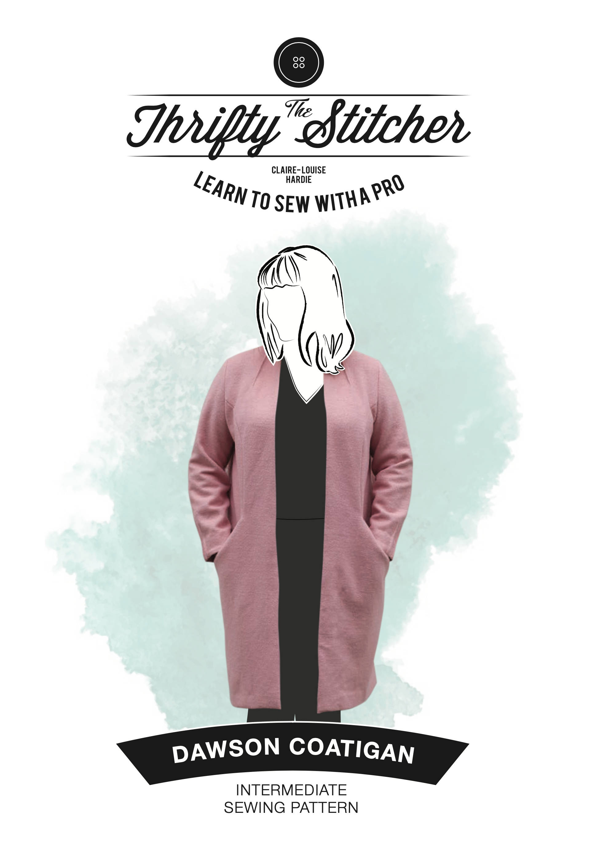 Clothes 桌布 壁紙 — 一個風格化插圖，人物穿著粉紅色外套內搭黑色上衣，背景是柔和的薄荷綠色水彩潑濺。