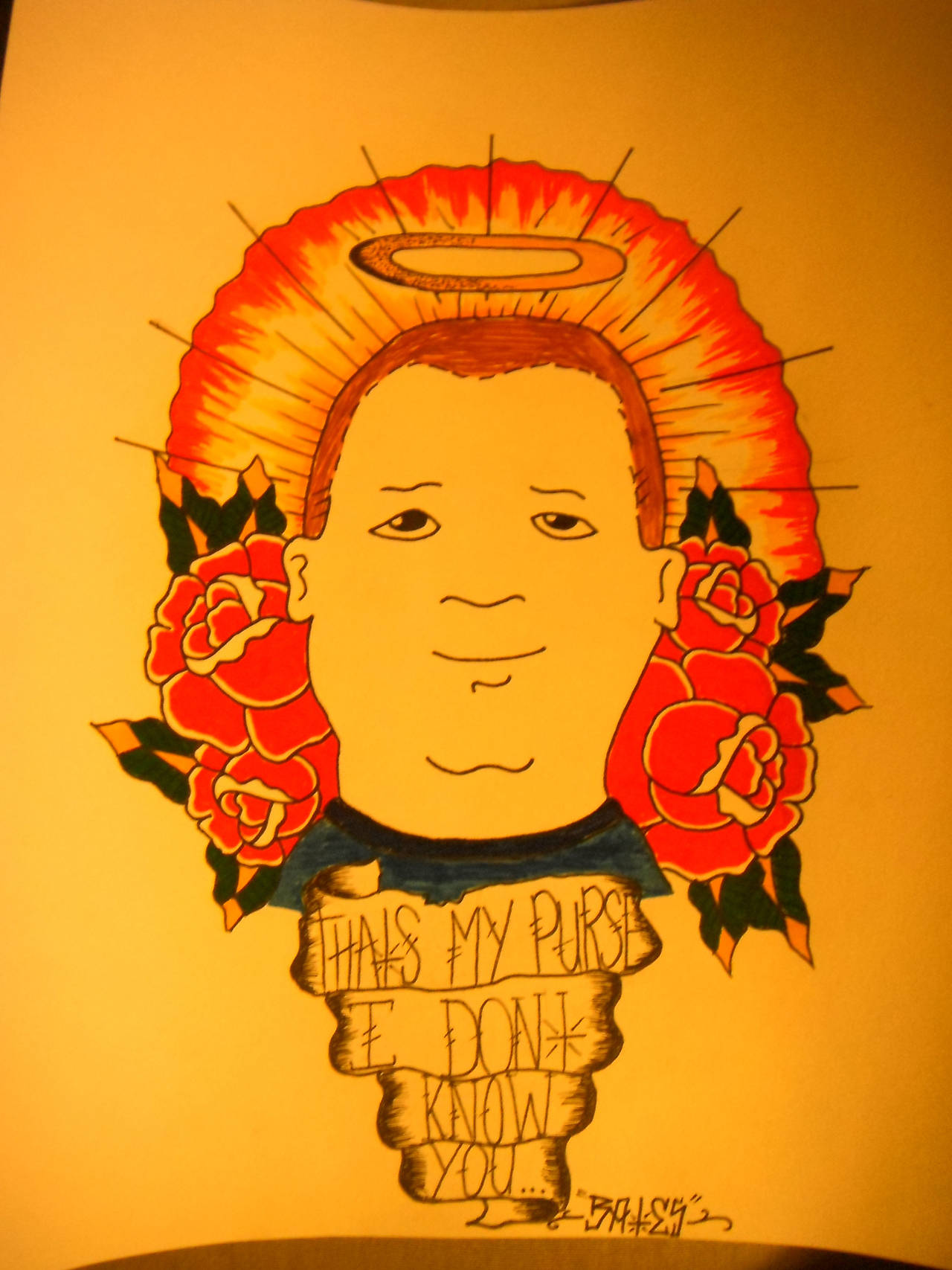 Bobby Hill 桌布 壁紙 — 一個風格化插圖，人物頭部兩側有光環和紅玫瑰，身穿印有文字的襯衫。