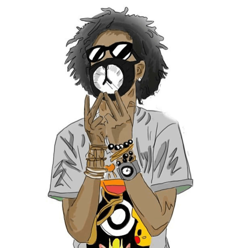 桌布 壁紙 — 一個風格化插圖，描繪一位戴著太陽眼鏡、爆炸頭、戴著時鐘面具並比出和平手勢的人。