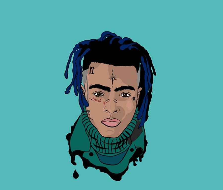 酷酷的xxxtentacion 桌布 壁紙 — 一個風格化插圖，描繪一位擁有藍色辮子頭和刺青的人物，背景為青綠色。