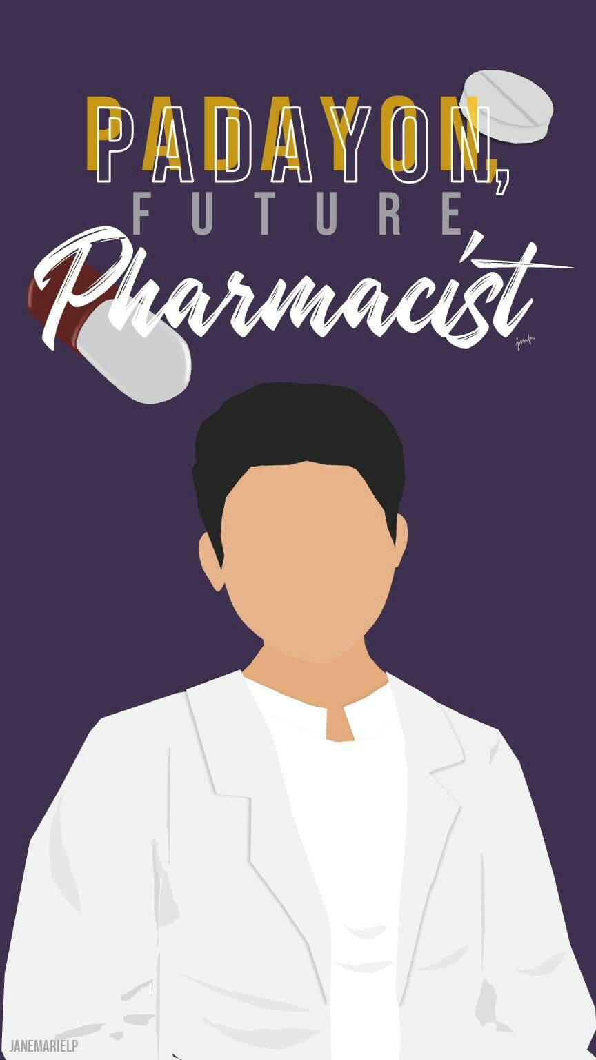 professional 桌布 壁紙 — 一個風格化插圖，描繪一位身穿白色實驗室外套的人，周圍有漂浮的藥丸，並在紫色背景上寫有文字「Padayon, Future Pharmacist」。