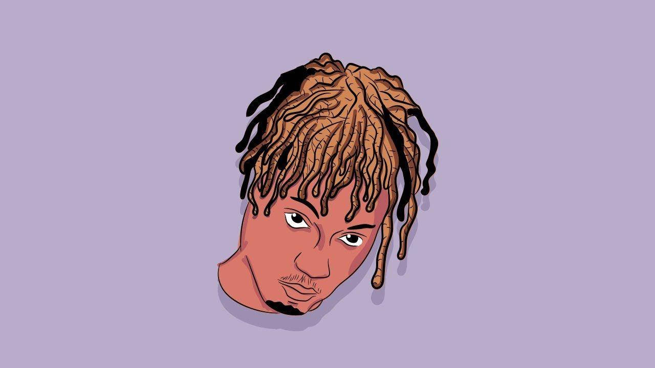 在紫色背景上，一位留著辮子髮型的人物插圖肖像。 — Juice Wrld 壁紙