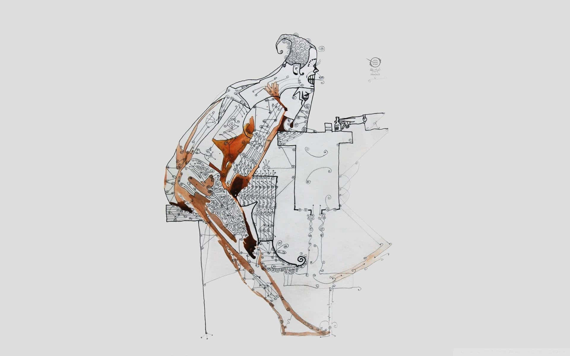 Art Drawing 桌布 壁紙 — 一個風格化插圖，描繪一個人坐在書桌前，帶有複雜的線條藝術和溫暖的橙色點綴，背景為淺灰色。