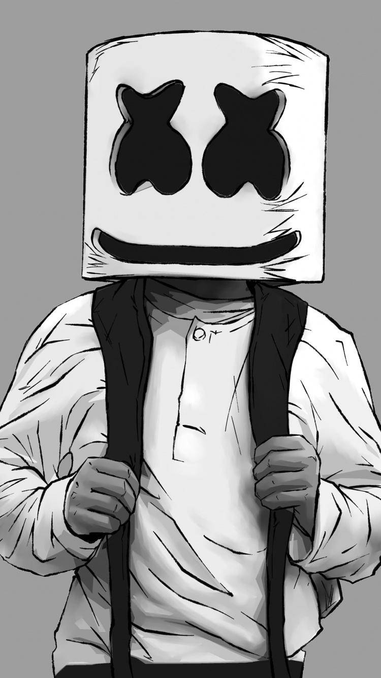 marshmello iPhone 桌布 壁紙 — 一個風格化插圖，描繪一個人戴著方形棉花糖面具，面具上有X形眼睛和微笑，同時握著背包帶。
