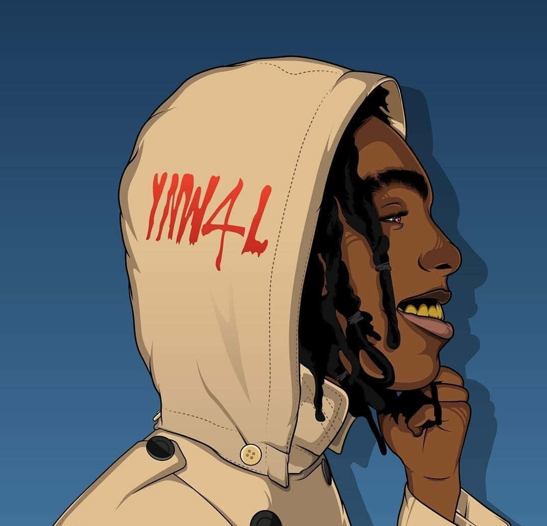 Ynw Melly Cartoon 桌布 壁紙 — 一個風格化插圖，描繪一個人穿著米色連帽衫，背面有紅色塗鴉文字，在純藍色背景上微笑。
