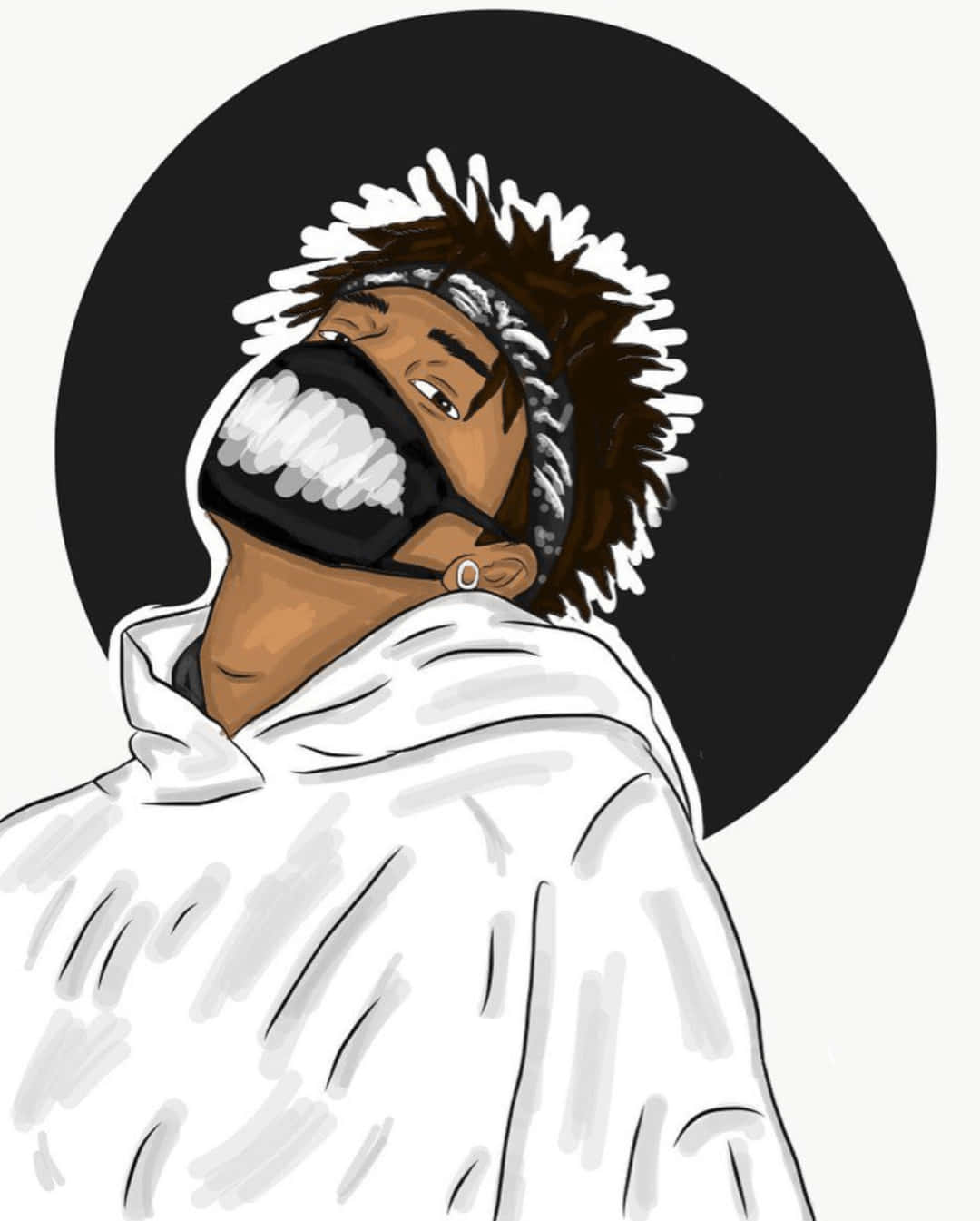 桌布 壁紙 — 一個風格化插圖，描繪一個戴著黑色口罩、穿著白色連帽衫的人，背景為黑色圓形。