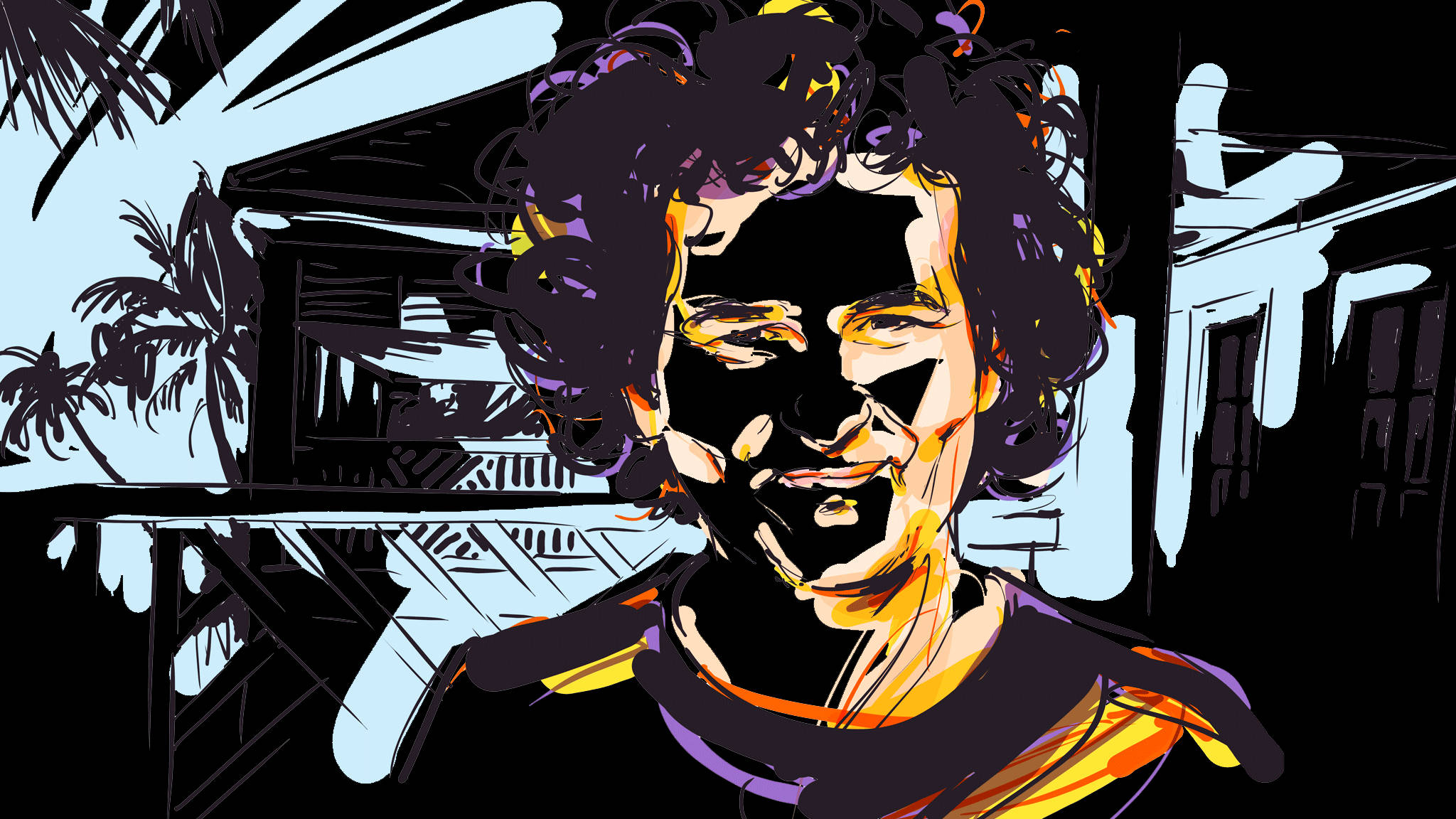 Digital 桌布 壁紙 — 一個風格化插圖，描繪一個擁有充滿活力的捲髮的人，在熱帶背景（有棕櫚樹和房屋）下微笑。