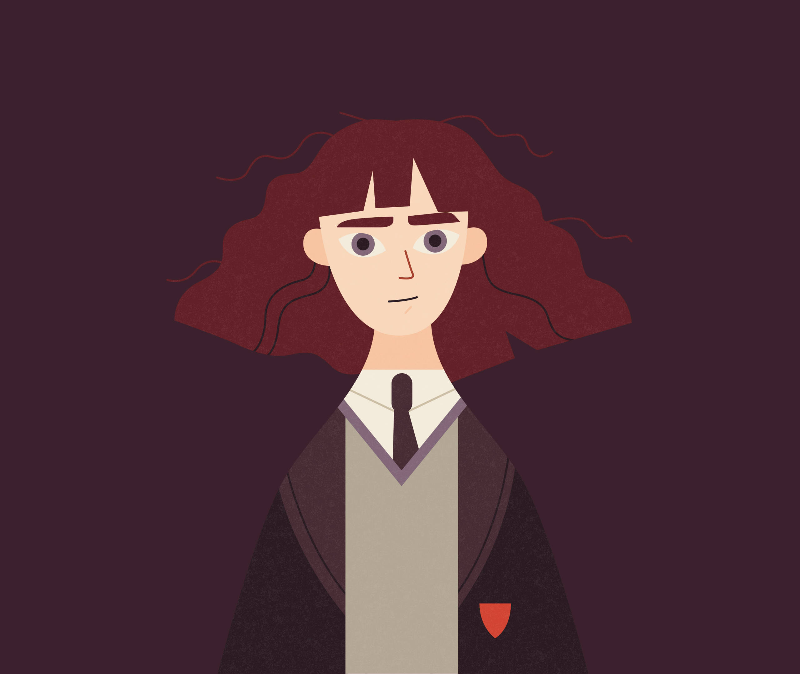 Hermione 桌布 壁紙 — 一個風格化插圖，描繪一個擁有紅色捲髮的人穿著校服，背景為深酒紅色。