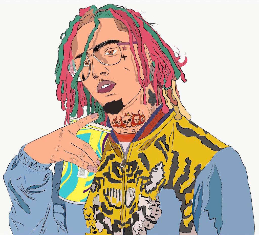 Drip 桌布 壁紙 — 一個風格化插圖，描繪一個擁有色彩繽紛辮子的人，穿著虎紋外套，手持罐子。