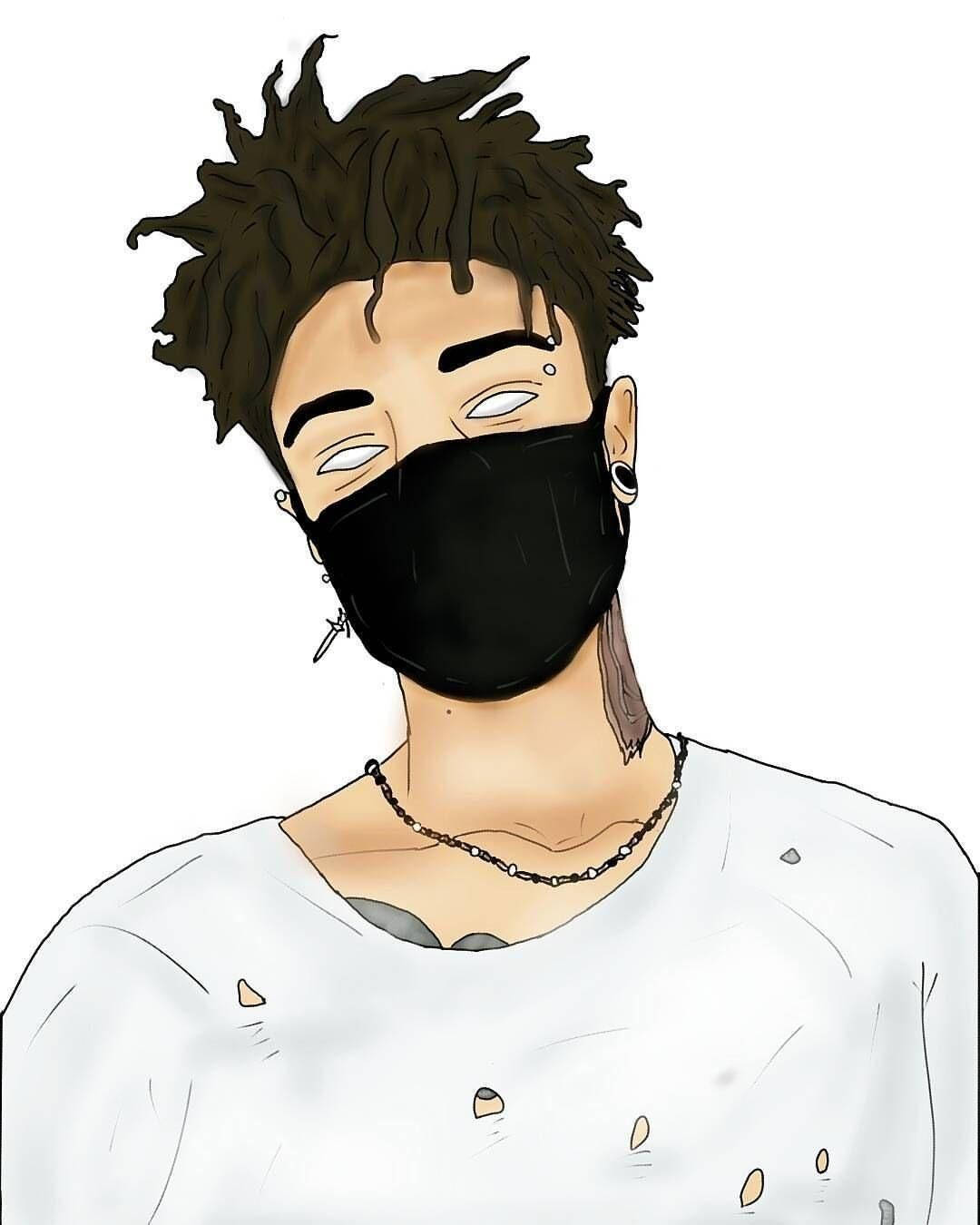 桌布 壁紙 — 一個風格化插圖，描繪一個有尖刺頭髮和黑色口罩的人，穿著白色破爛襯衫。