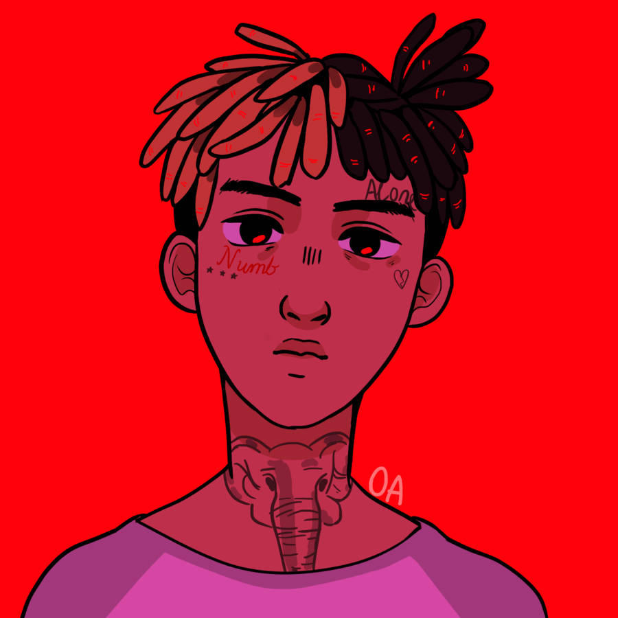 Xxxtentacion Cartoon 桌布 壁紙 — 一個風格化插圖，描繪一個有紅眼睛和刺青的人，背景為鮮紅色。