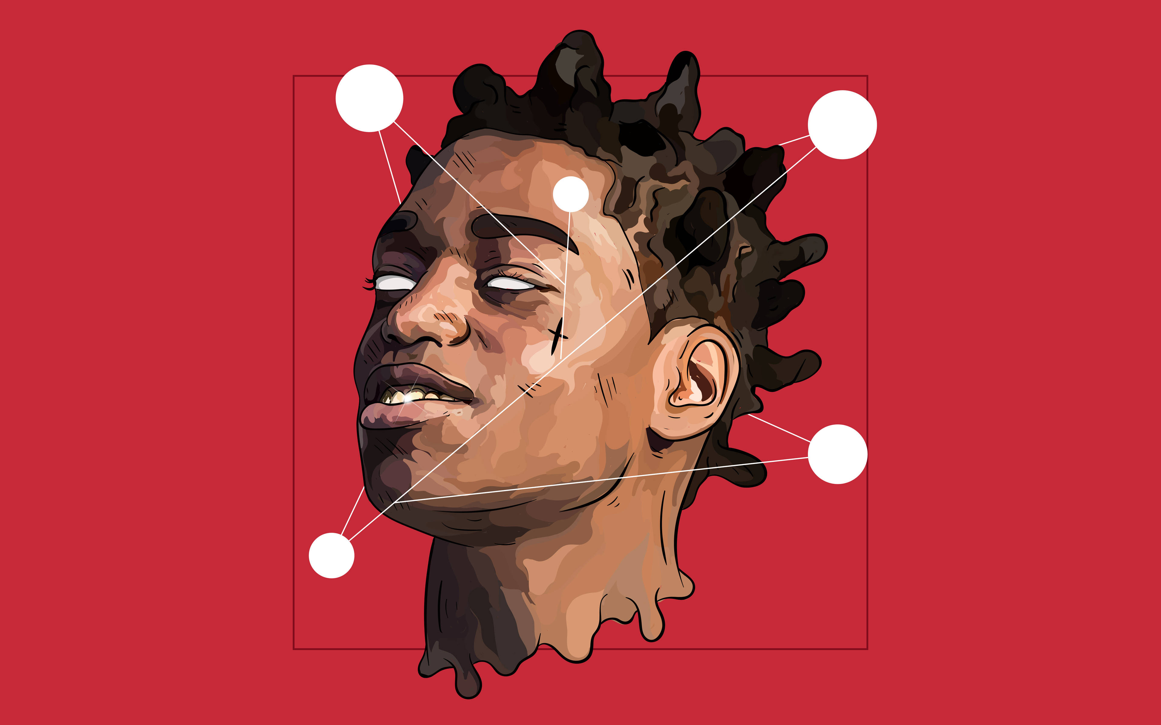 Kodak 桌布 壁紙 — 一個風格化插圖，描繪一個有紋理頭髮的人，幾何白色圓圈由線條連接，背景為純紅色。