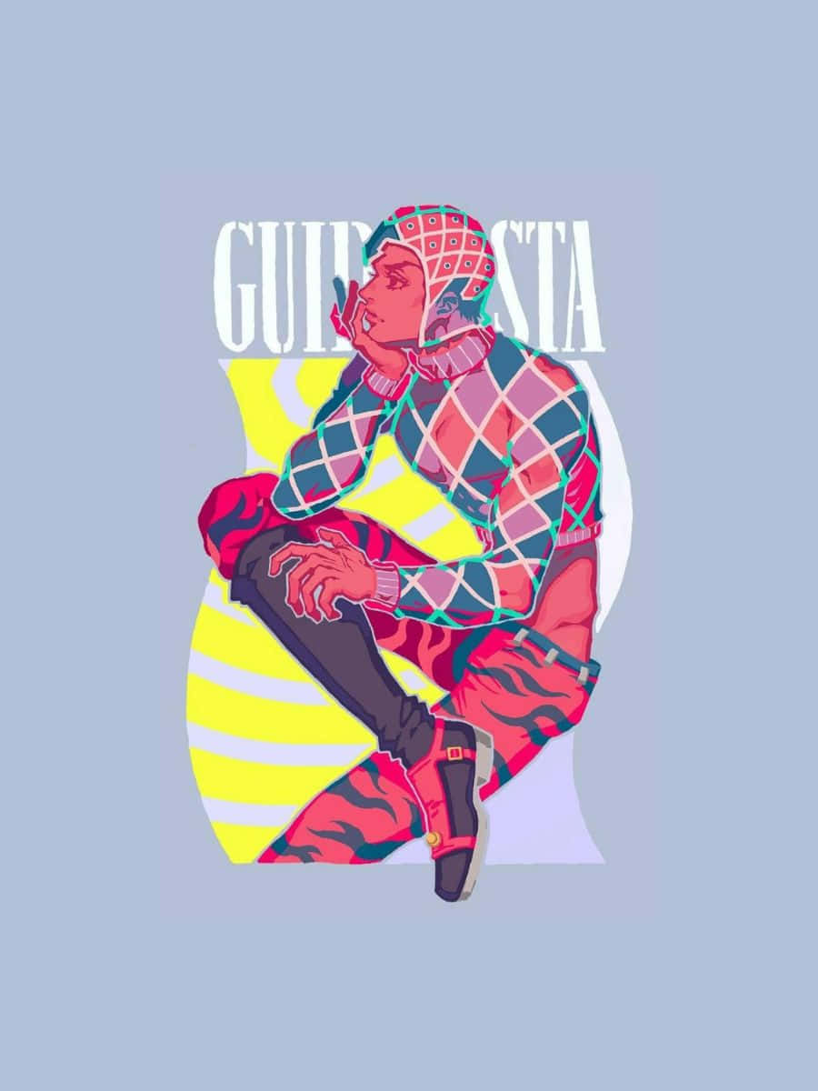 Guido Mista 桌布 壁紙 — 一個風格化插圖，描繪一個穿著格子服裝的人坐在淺藍色背景上的黃色條紋形狀上。