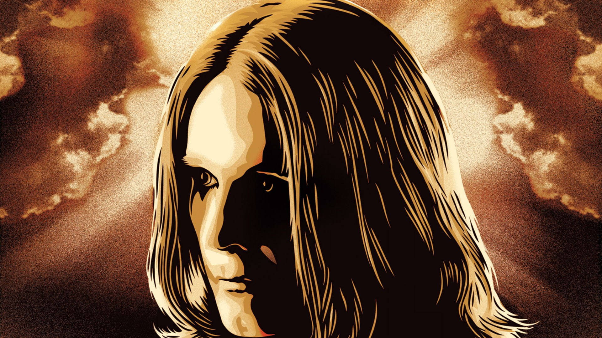 Ozzy Osbourne 桌布 壁紙 — 一個風格化插圖，描繪一個長髮人物，背景是溫暖色調的戲劇性多雲天空。
