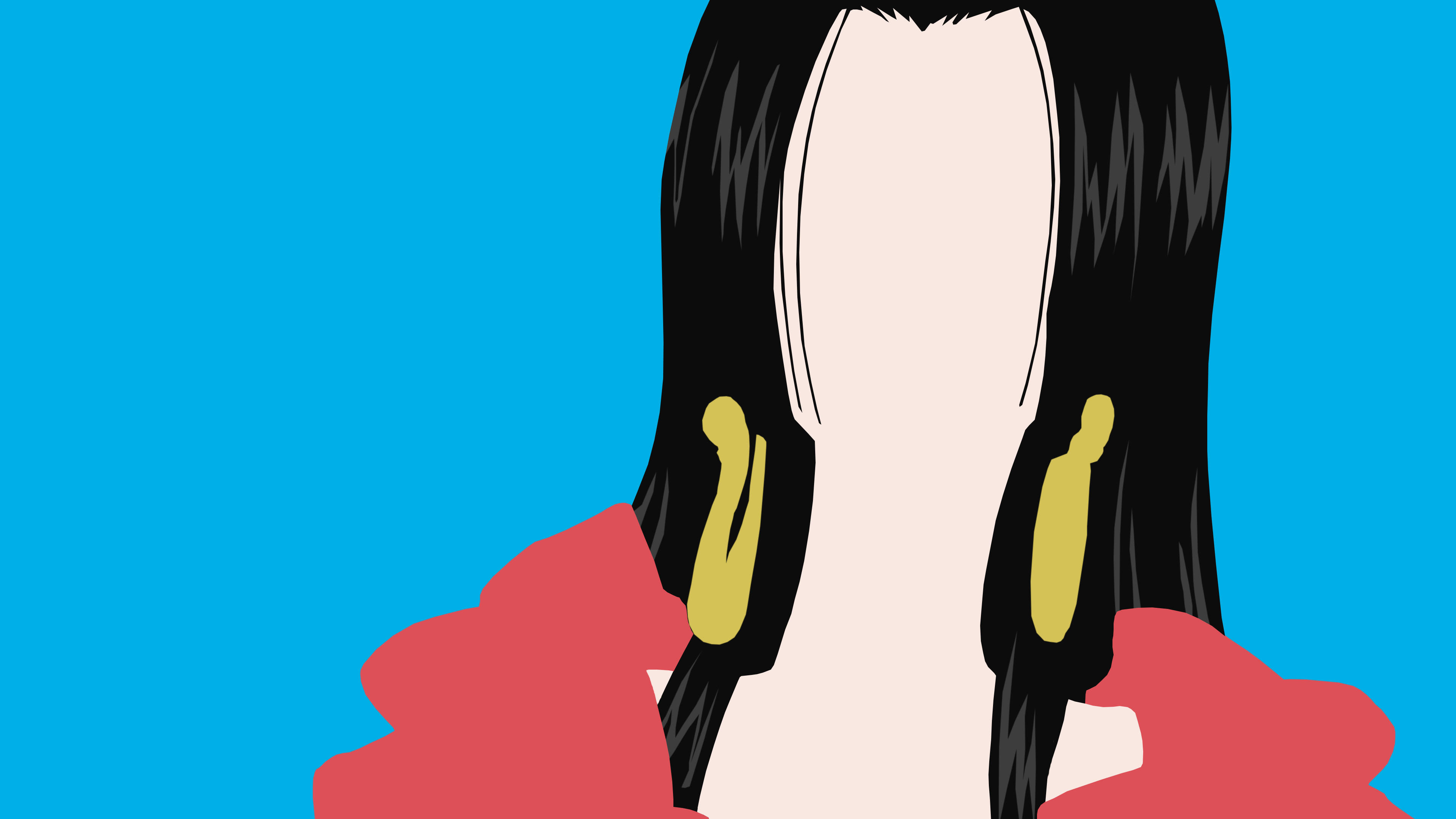 one piece art 桌布 壁紙 — 一個風格化插圖，描繪一個黑髮戴金耳環的人，背景為亮藍色。