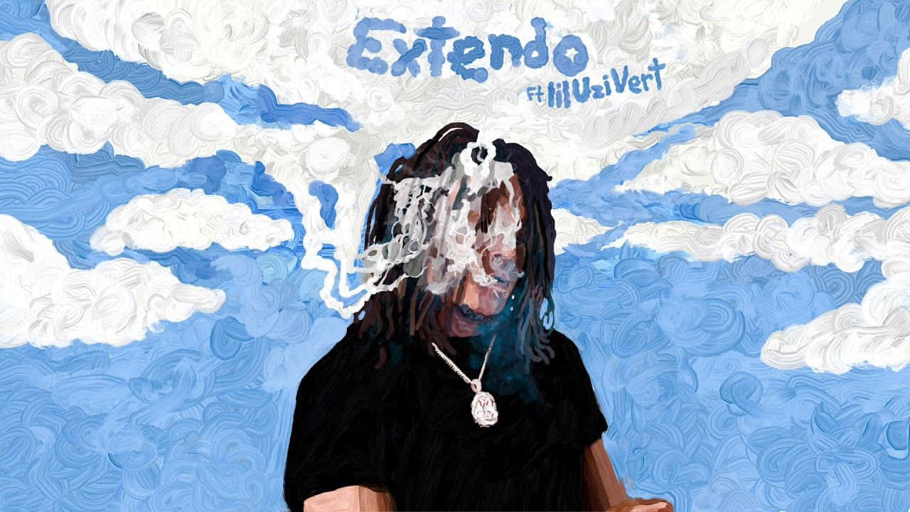 Pierre Bourne 桌布 壁紙 — 一個風格化插圖，描繪長髮人物，背景為旋轉的藍白雲層，並帶有文字。