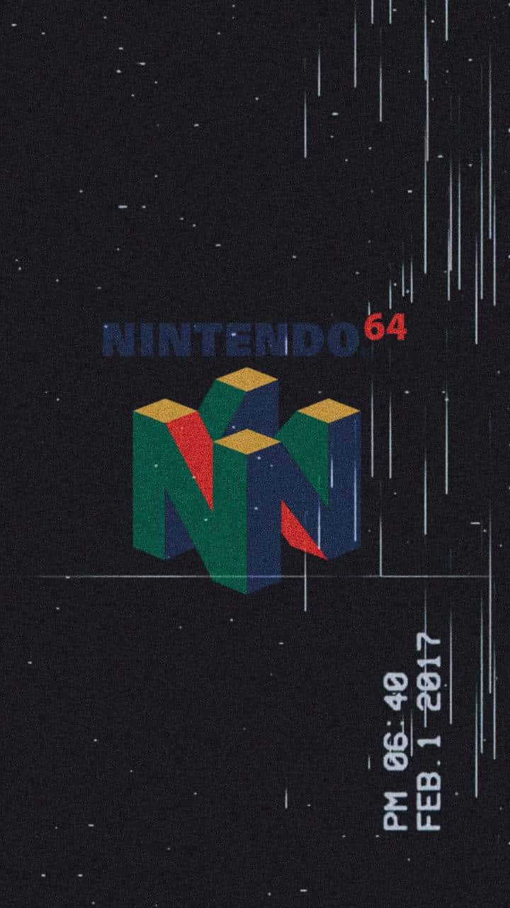 Black Retro 桌布 壁紙 — 一個風格化的 3D Nintendo 64 標誌漂浮在星空夜空，帶有數位雨絲和時間戳。
