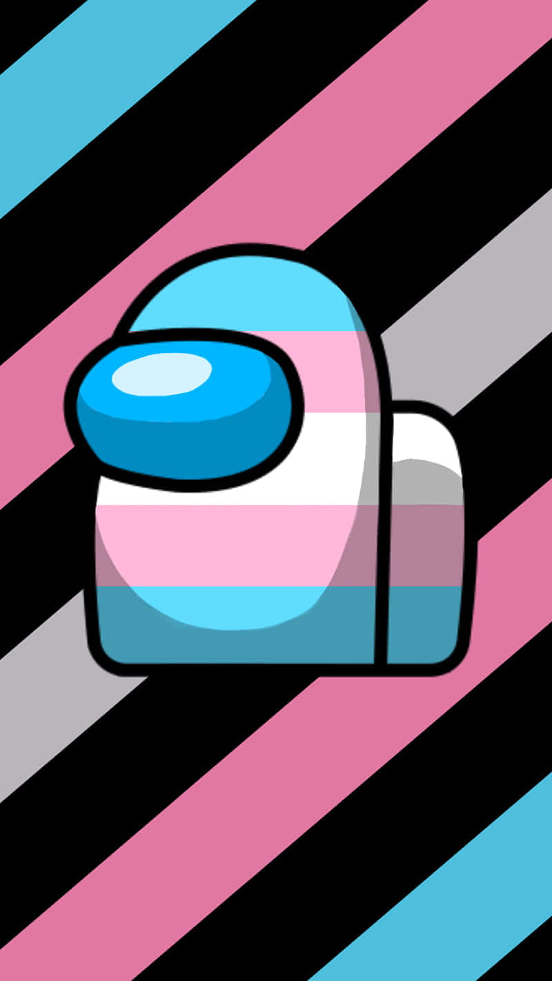 transgender 桌布 壁紙 — 一個風格化的 Among Us 角色，帶有跨性別旗幟顏色，站在大膽的對角線條紋背景前。