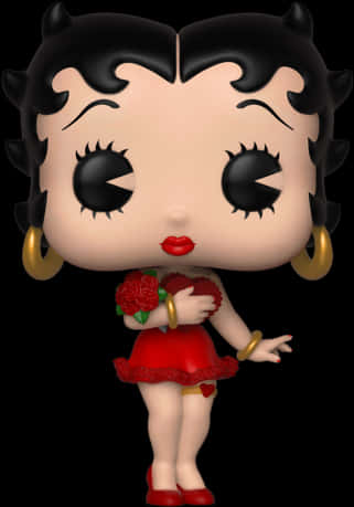 貝蒂娃娃 桌布 壁紙 — 一個風格化的 Betty Boop Funko Pop 公仔，穿著紅色連衣裙，手持玫瑰，背景為黑色。