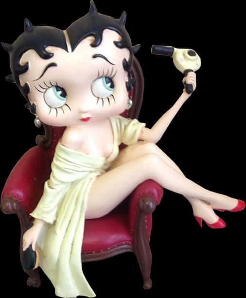 貝蒂娃娃 桌布 壁紙 — 一個風格化的 Betty Boop 公仔，躺在紅色椅子上，手持吹風機，背景為黑色。