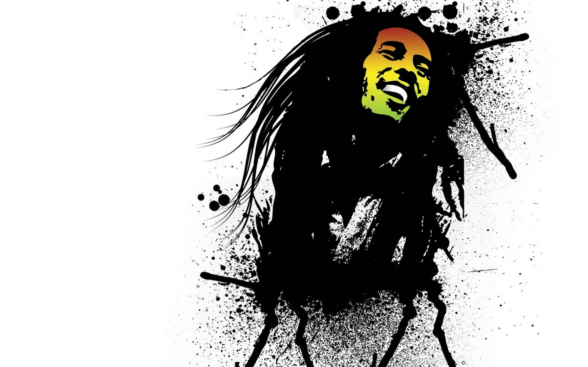 高清 桌布 壁紙 — 一個風格化的 Bob Marley 圖像，帶有鮮豔的拉斯塔法里色彩，在純白背景上潑灑。