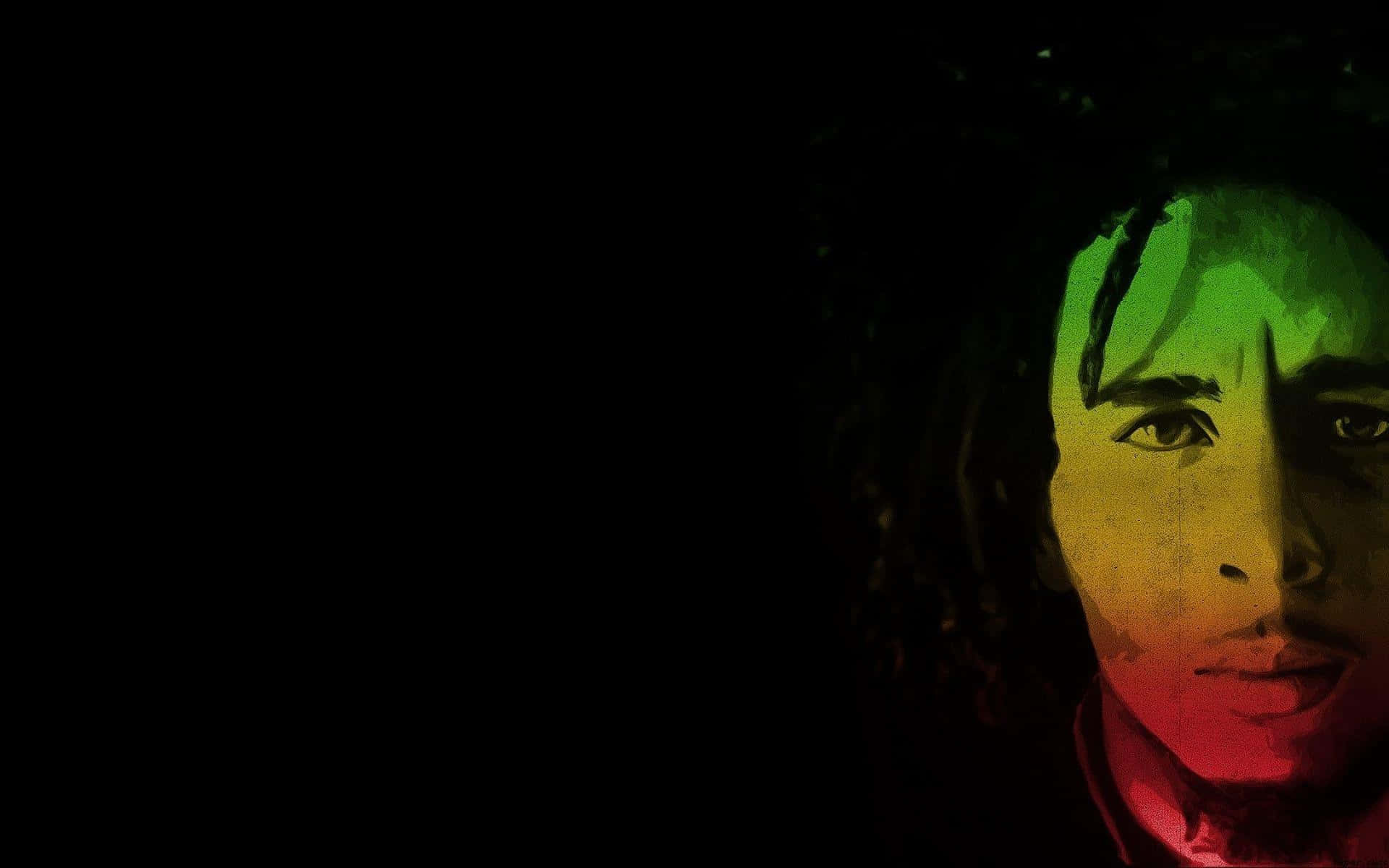 Rasta 桌布 壁紙 — 一個風格化的 Bob Marley 肖像，帶有鮮豔的綠色、黃色和紅色燈光，背景為黑色。
