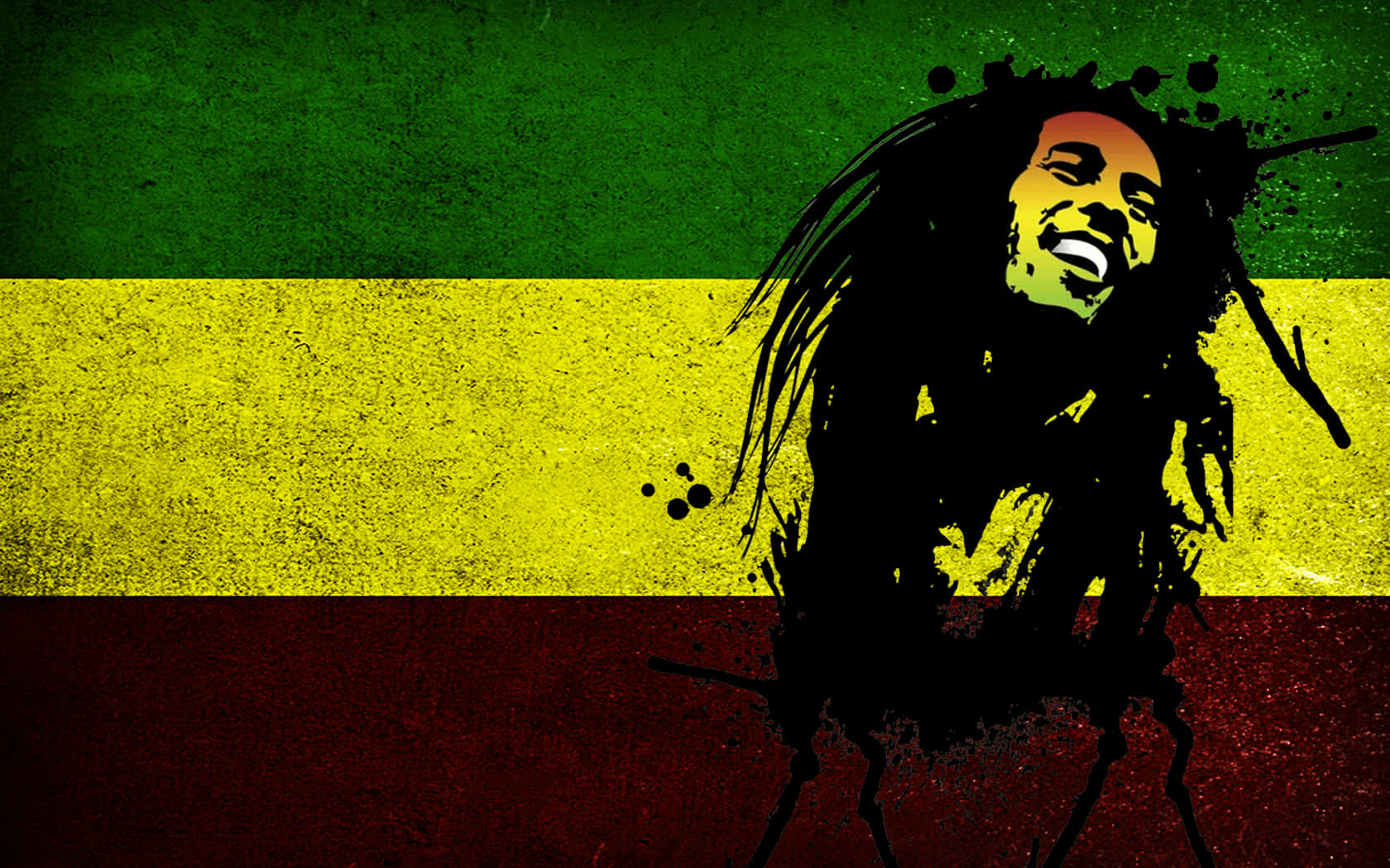 Rasta 桌布 壁紙 — 一個風格化的 Bob Marley 剪影，帶有辮子，背景是帶有紋理的拉斯塔法里旗幟。