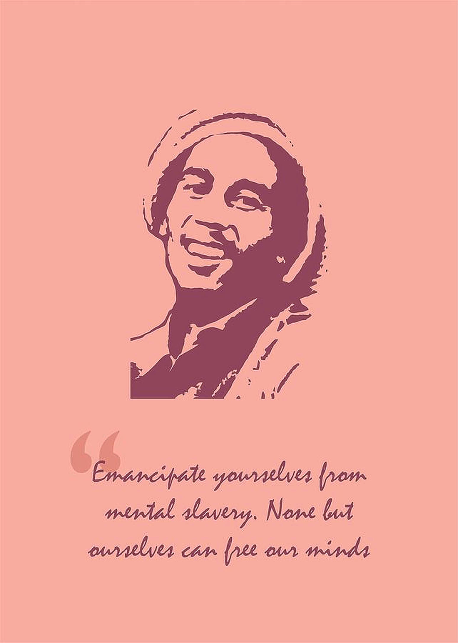 bob 桌布 壁紙 — 一個風格化的 Bob Marley 肖像，在柔和的粉紅色背景上微笑，下方有一段勵志名言。