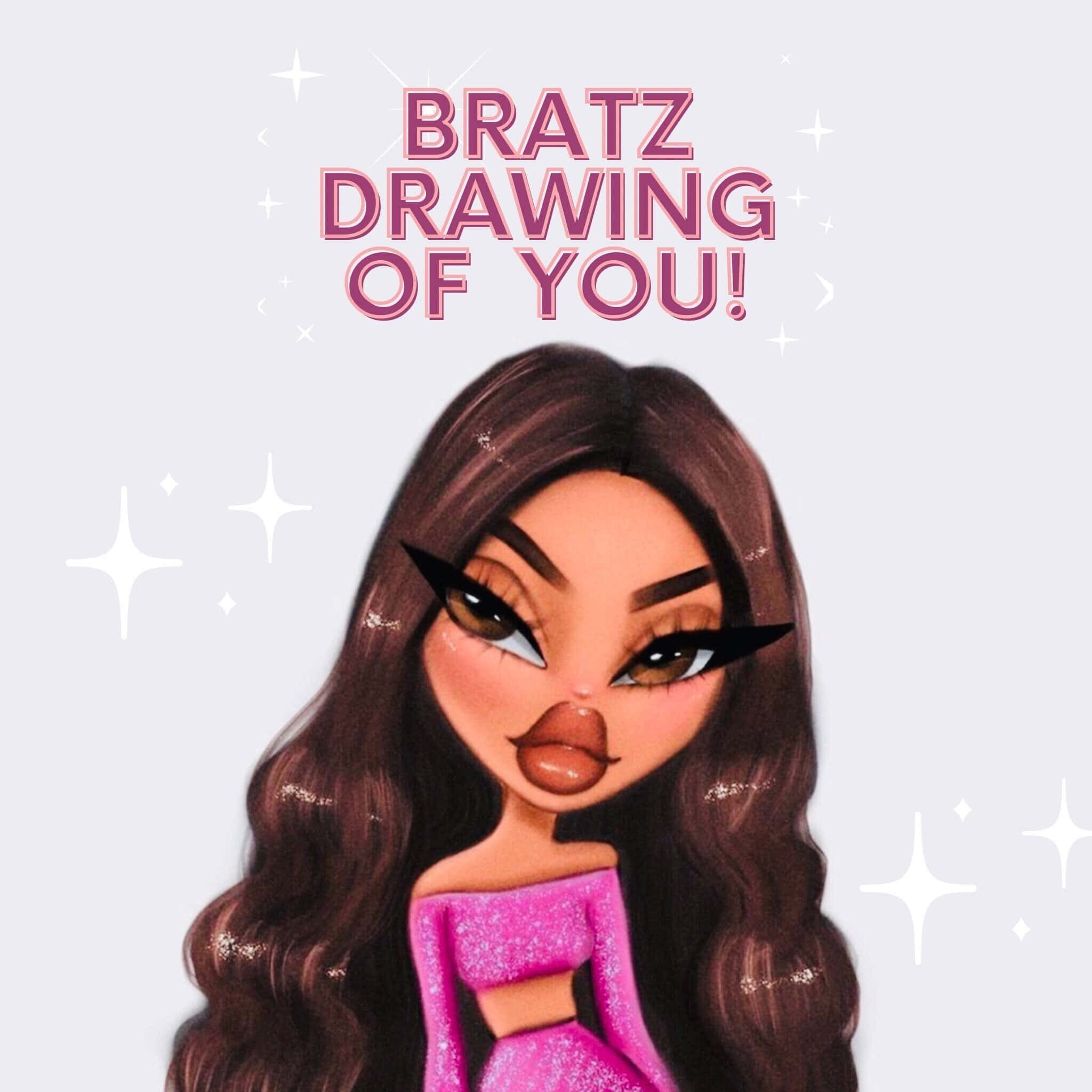 bratz 美學 桌布 壁紙 — 一個風格化的 Bratz 娃娃，長長棕色頭髮和粉紅色閃亮裙子，在閃閃發光的淺灰色背景上微笑。