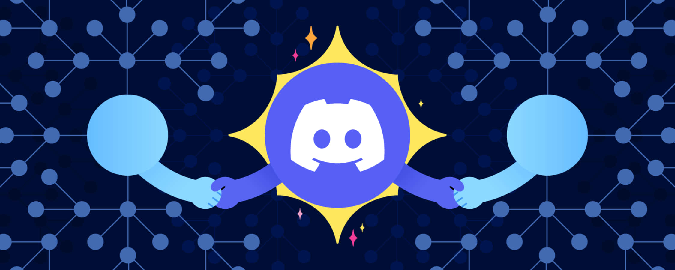 Discord 桌布 壁紙 — 一個風格化的 Discord 標誌，手臂互相握手，背景為深藍色網絡圖案。