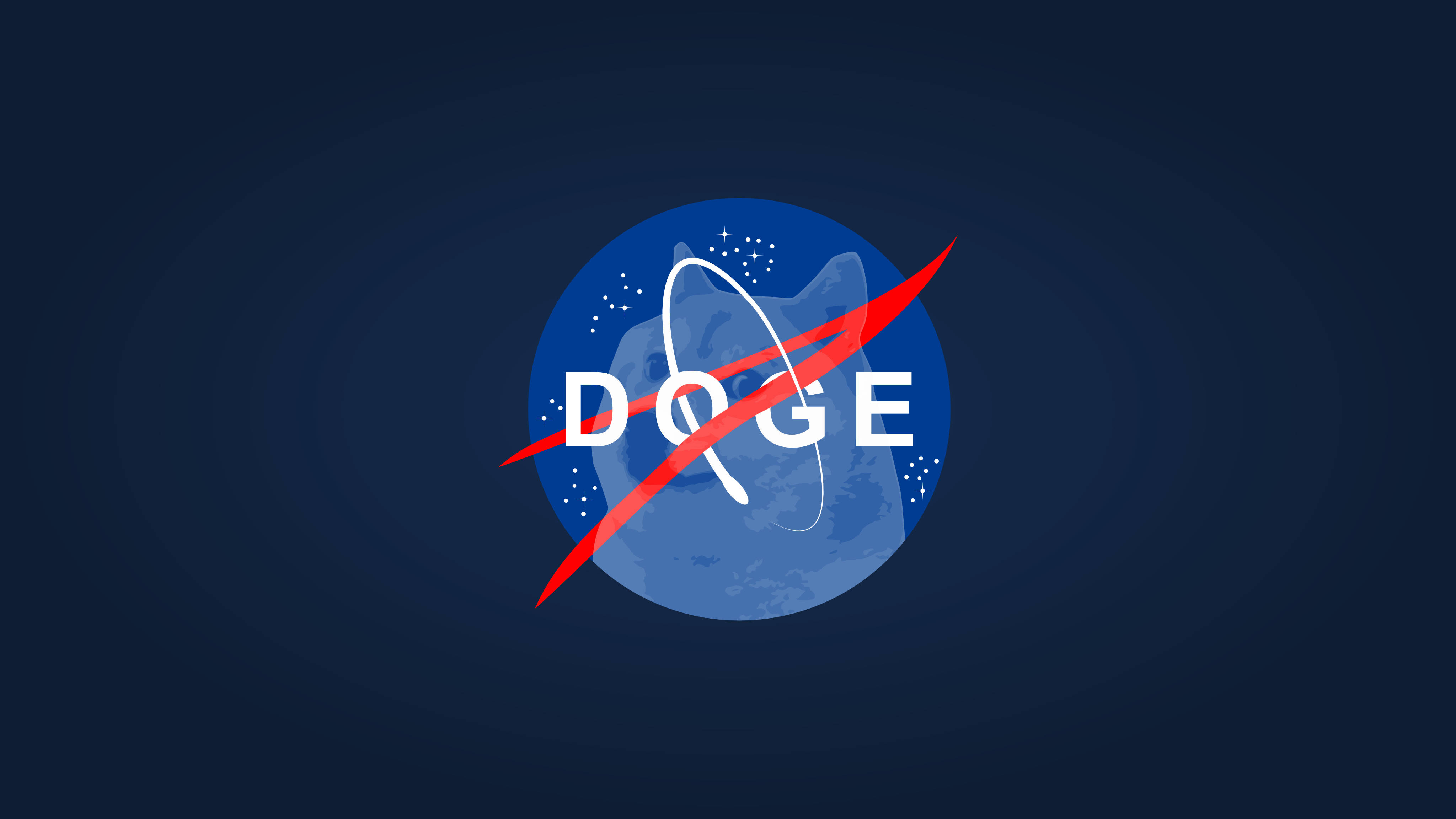 Doge 桌布 壁紙 — 一個風格化的 Doge 標誌，模仿 NASA，帶有藍色行星和紅色 swoosh，背景為深藍色漸變。