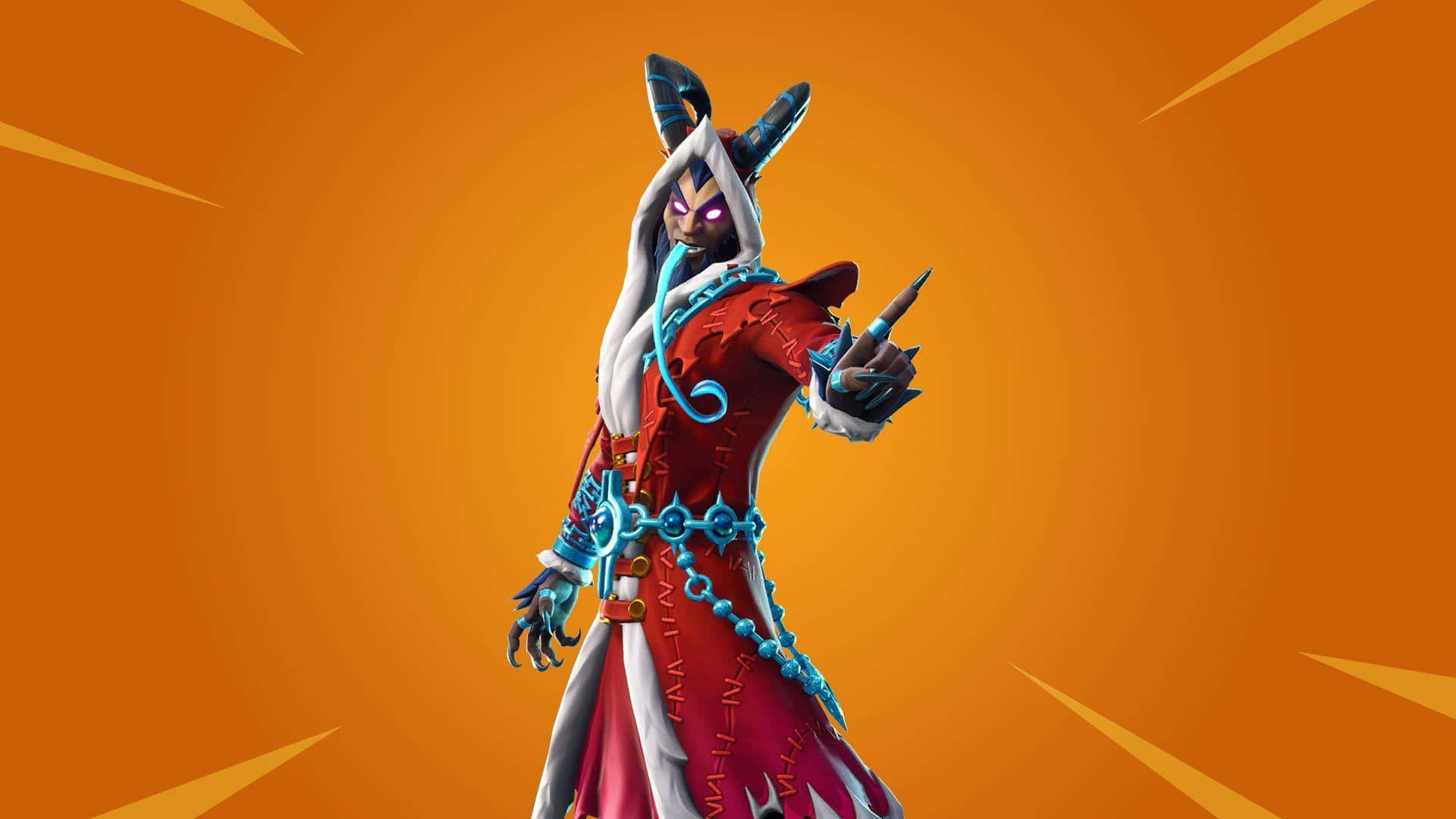 Krampus 桌布 壁紙 — 一個風格化的 Fortnite 角色，擁有發光的紫色眼睛和藍色角，在帶有黃色射線的耀眼橙色背景前動態擺姿勢。
