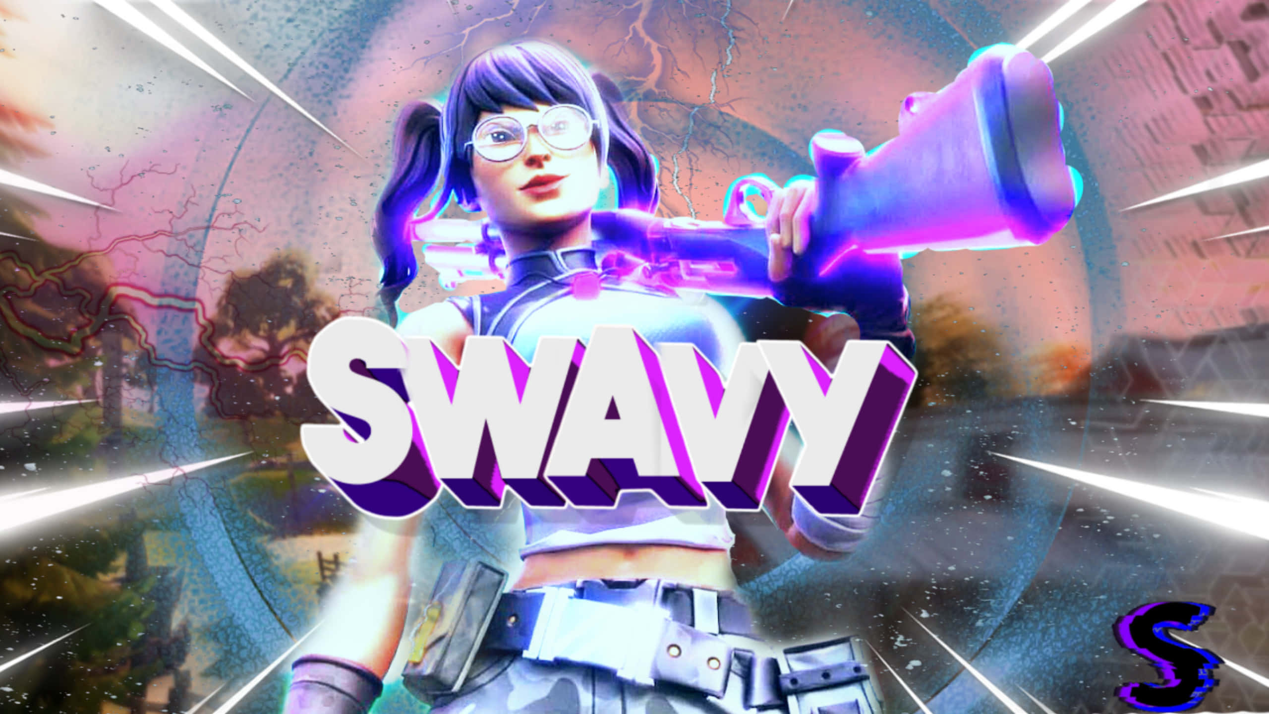 Swavy 桌布 壁紙 — 一個風格化的 Fortnite 角色，擁有紫色辮子和眼鏡，在宇宙背景中揮舞著發光的紫色武器，並帶有粗體 3D 文字「SWAVY」。