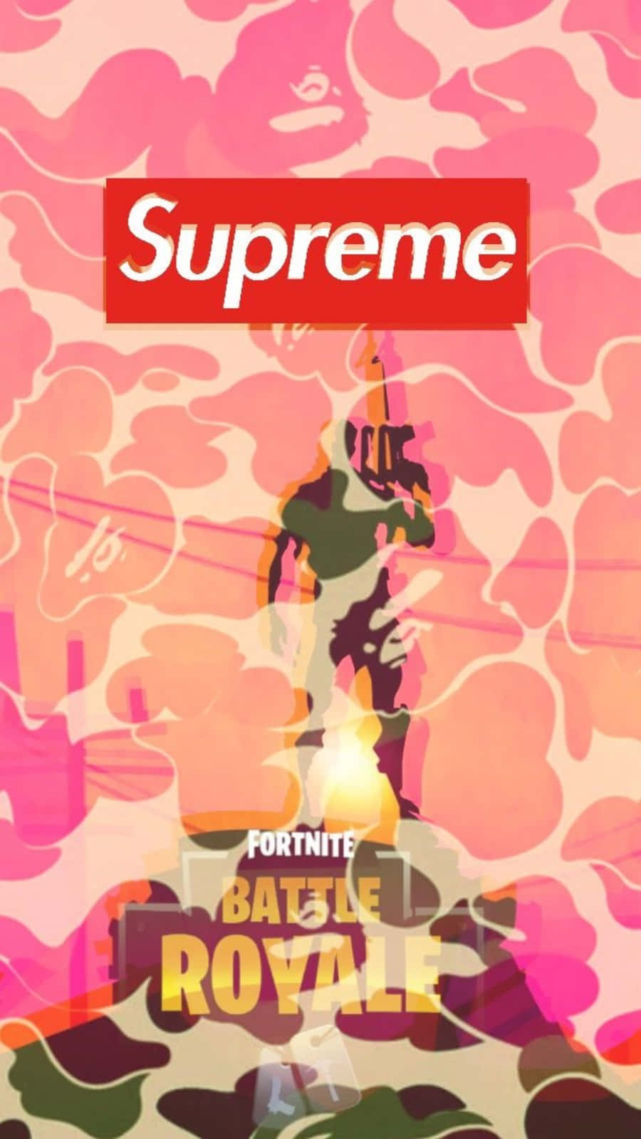 高清 桌布 壁紙 — 一個風格化的 Fortnite Battle Royale 角色穿著迷彩裝備，站在帶有 Supreme 標誌的鮮豔粉紅色和橙色抽象背景前。