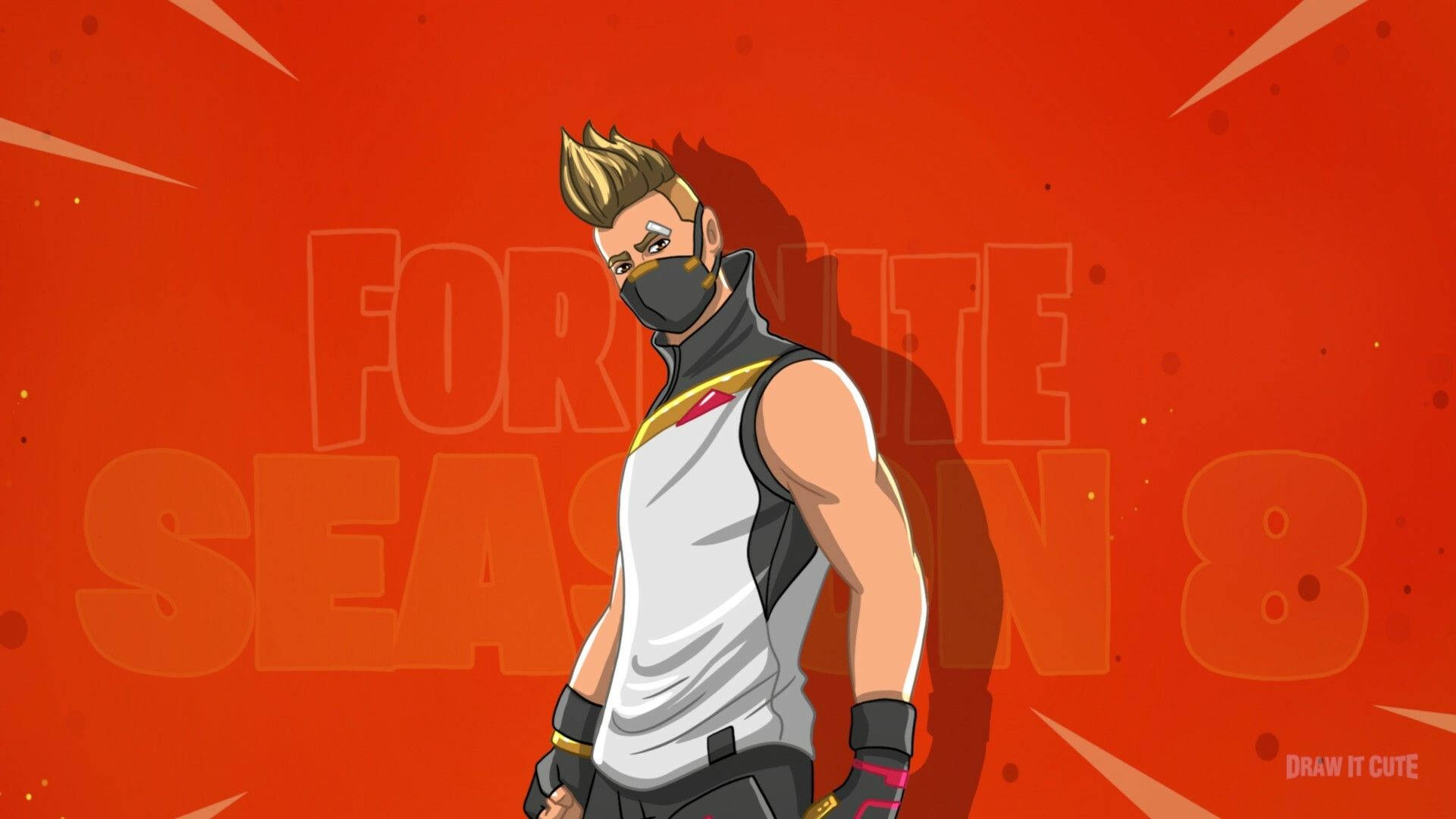 Drift 桌布 壁紙 — 一個風格化的 Fortnite 角色，擁有尖刺金髮和黑色面具，自信地站在充滿活力的橙色背景前，帶有 'SEASON 8' 文字。