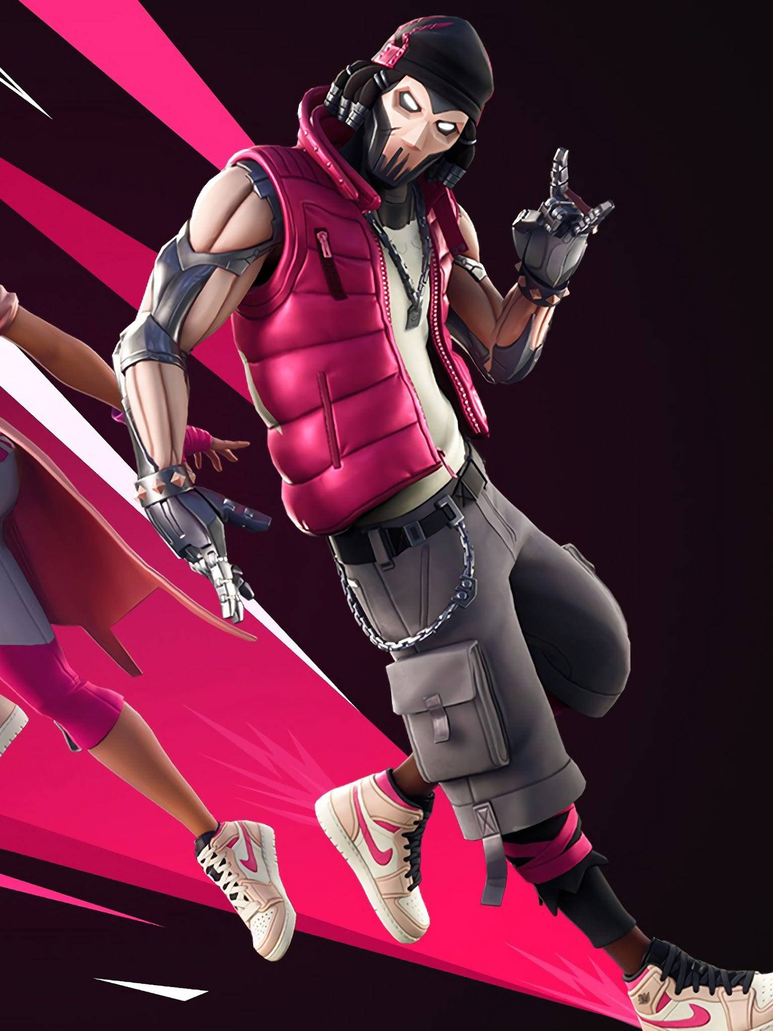 電玩遊戲 桌布 壁紙 — 一個風格化的 Fortnite 角色，身穿粉紅色背心和黑色面具，在充滿活力的粉紅色和黑色背景前擺出動態姿勢。