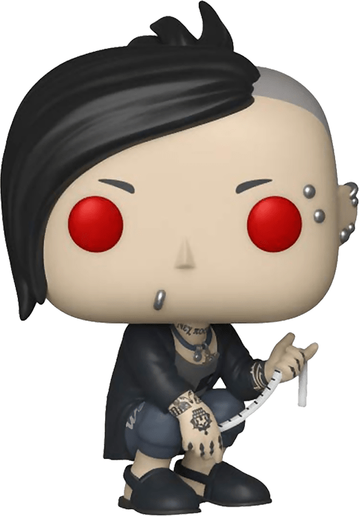 東京 桌布 壁紙 — 一個風格化的 Funko Pop 人偶，黑色頭髮、紅色眼睛、穿環和刺青，手持白色手杖。