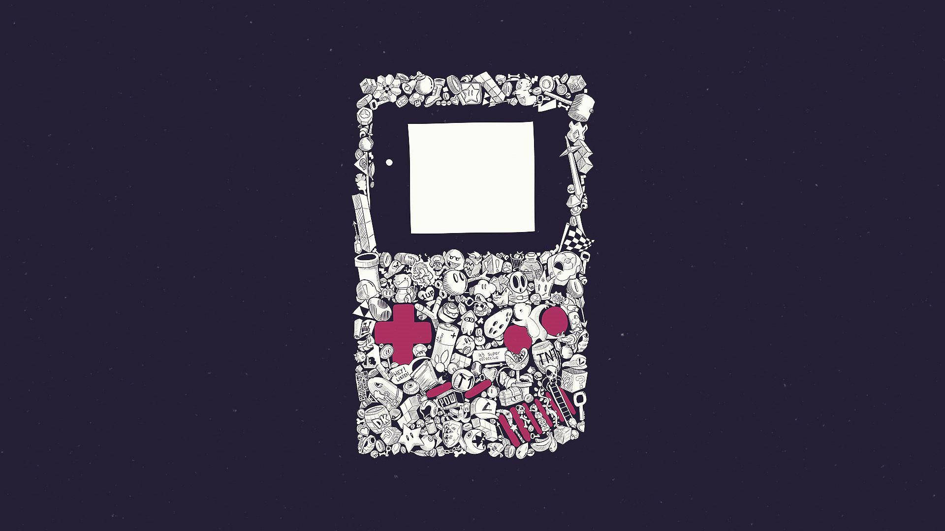 Retro 桌布 壁紙 — 一個風格化的 Game Boy 輪廓，充滿混亂的白色塗鴉和粉紅色點綴，背景為深紫色。