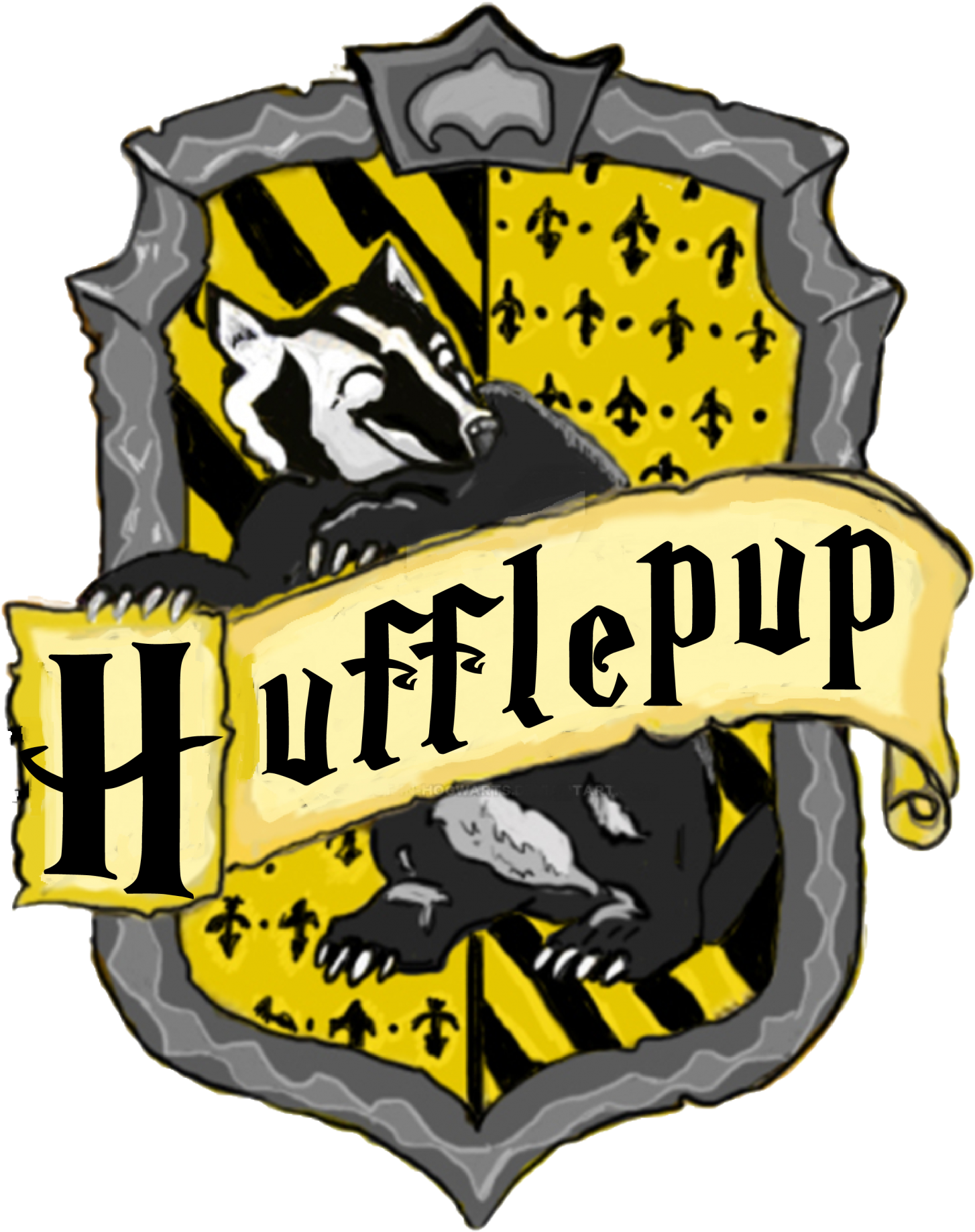 葛來分多 桌布 壁紙 — 一個風格化的 Hufflepup 徽章，在黃黑盾牌上有一隻獾，並有展示名稱的橫幅。