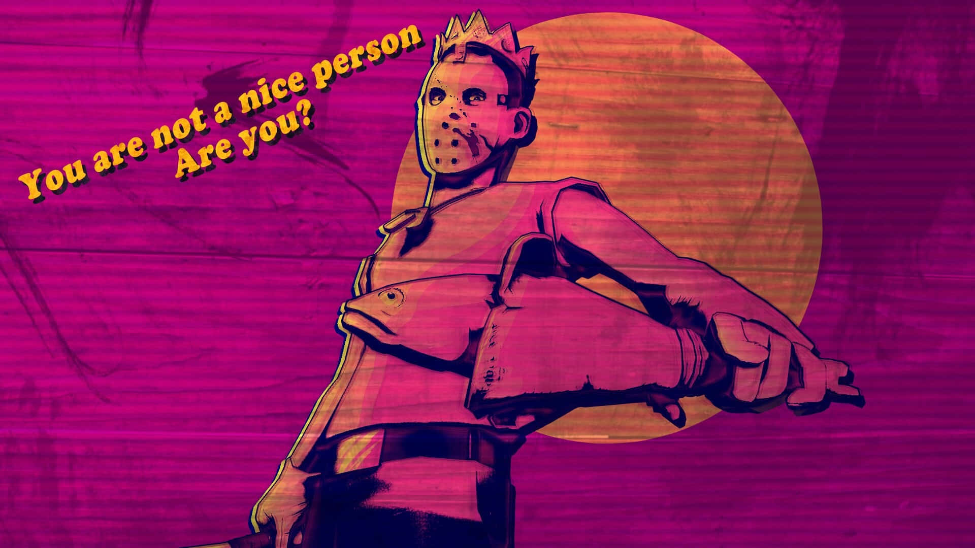 Hotline Miami 桌布 壁紙 — 一個風格化的 Jason Voorhees 拿著一條帶有皇冠和文字的魚，背景是充滿活力的洋紅色日落。