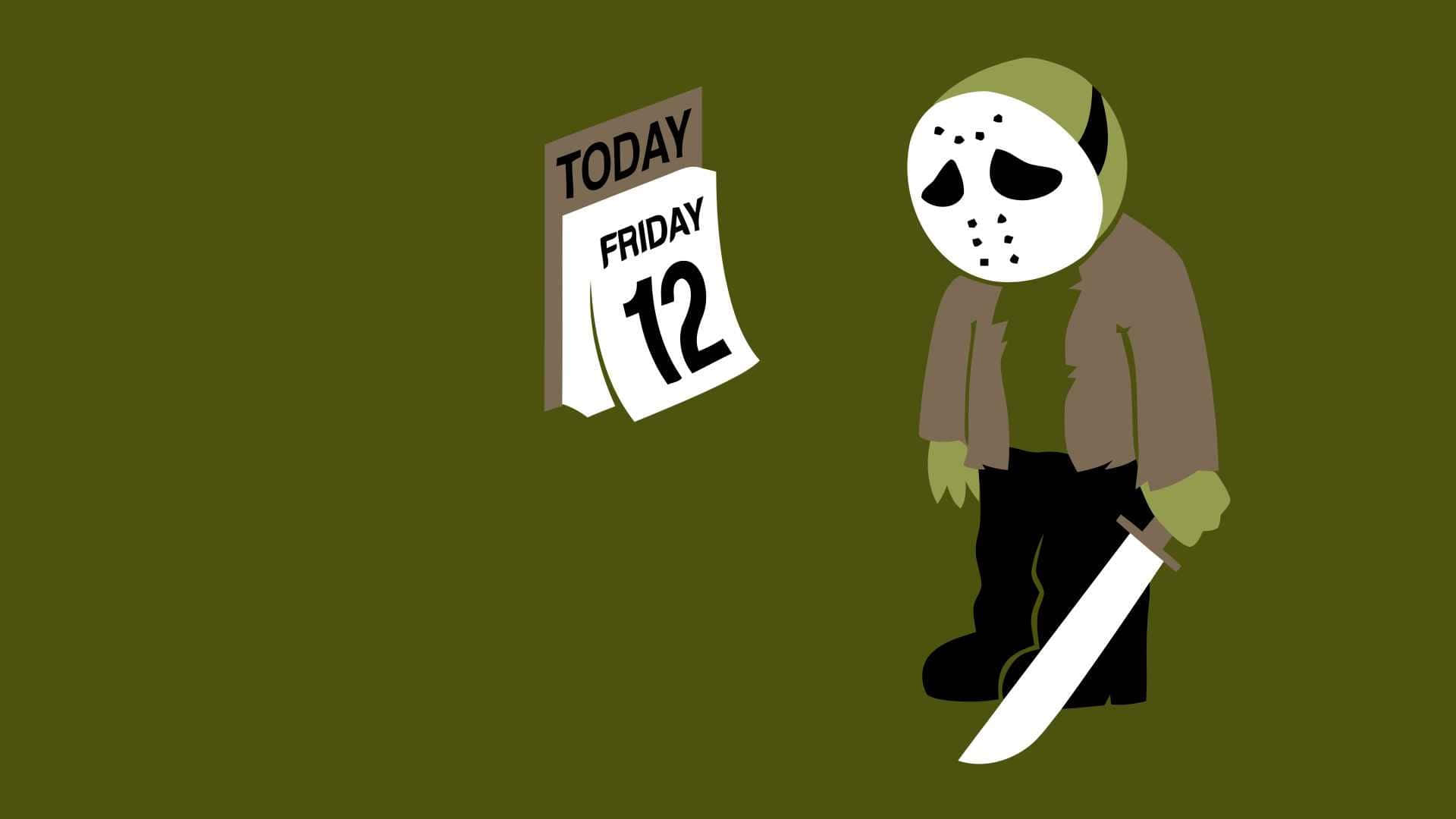 Cartoon Horror 桌布 壁紙 — 一個風格化的 Jason Voorhees 拿著砍刀，旁邊是一個標記為 12 號星期五的日曆，背景是純橄欖綠色。