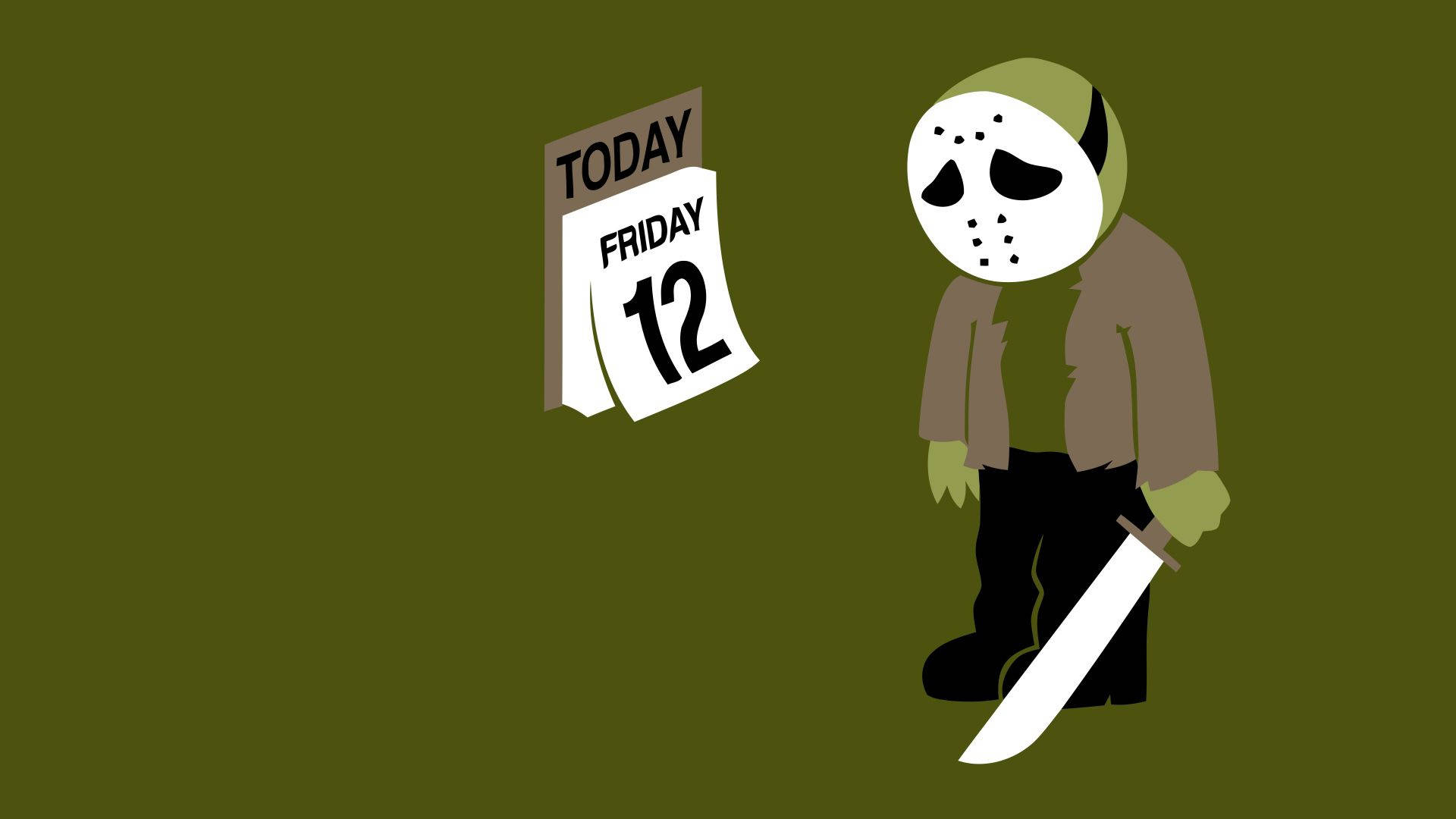 搞笑 桌布 壁紙 — 一個風格化的 Jason Voorhees 手持砍刀，旁邊是一個標記為 12 號星期五的日曆，背景為純橄欖綠色。