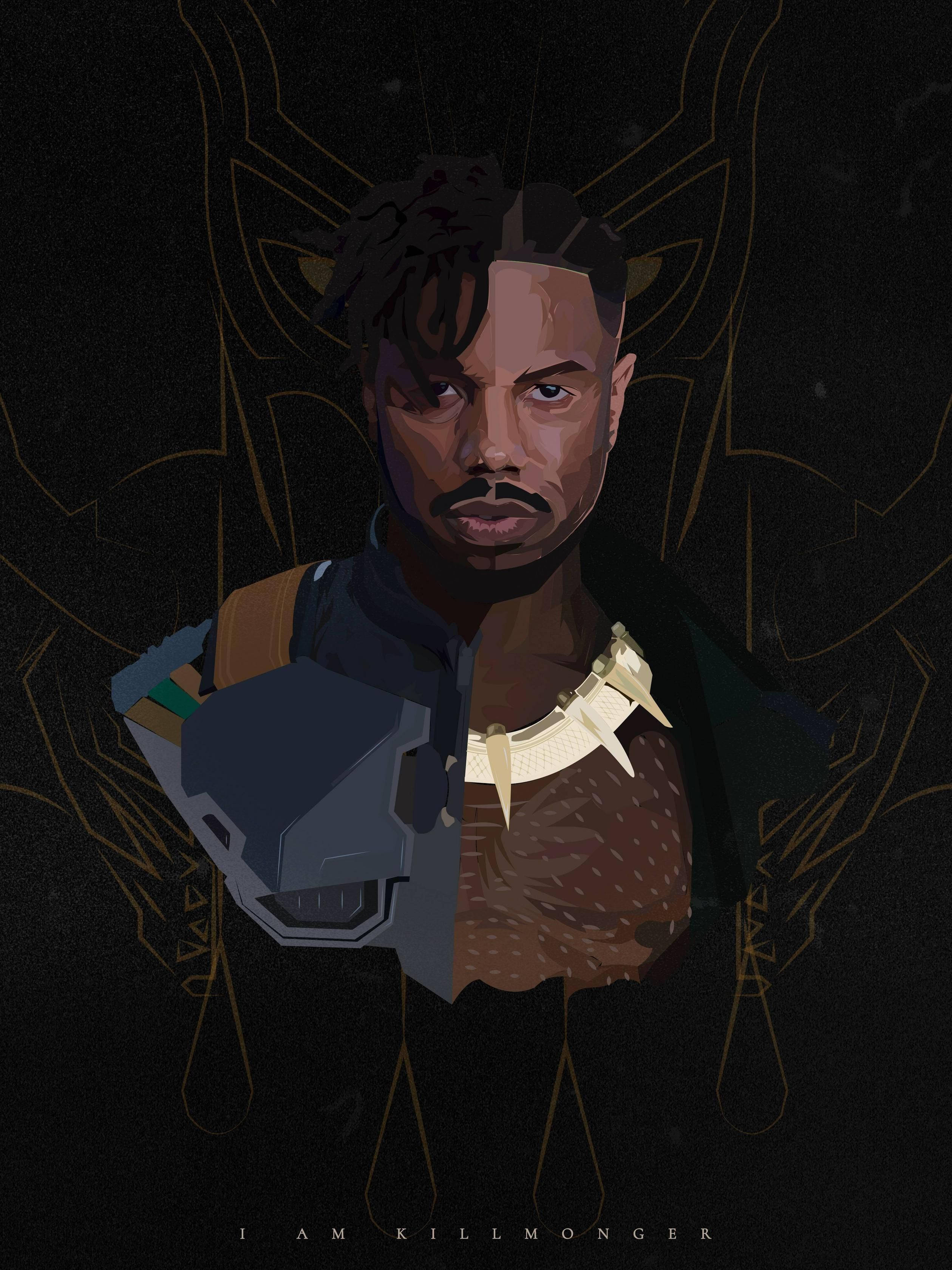 殺人魔哥 桌布 壁紙 — 一個風格化的 Killmonger 數位肖像，從中間分開，展示他穿著盔甲和赤裸上身的形態，背景為深色，帶有金色的瓦干達符號。