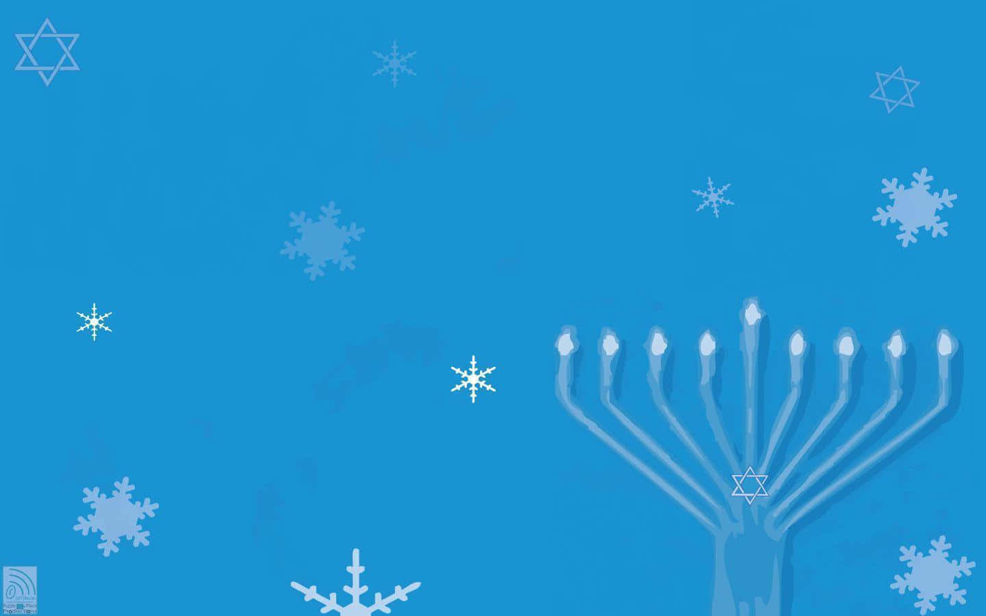 藍色背景，帶有 menorah 和雪花，用於慶祝光明節。 — 光明節 GIF 壁紙