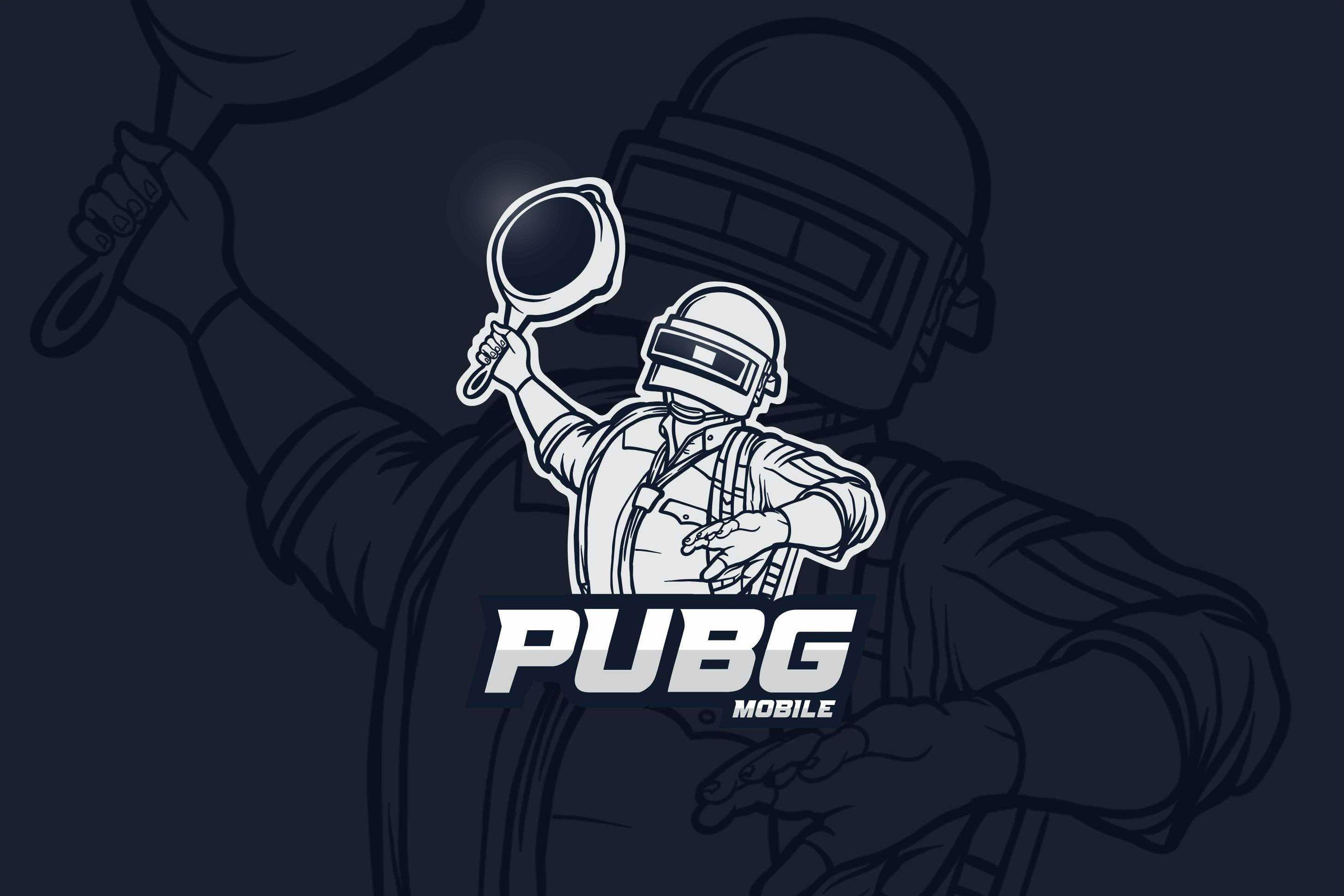 絕地求生 桌布 壁紙 — 一個風格化的 PUBG Mobile 標誌，描繪一名士兵在深藍色背景前手持平底鍋。