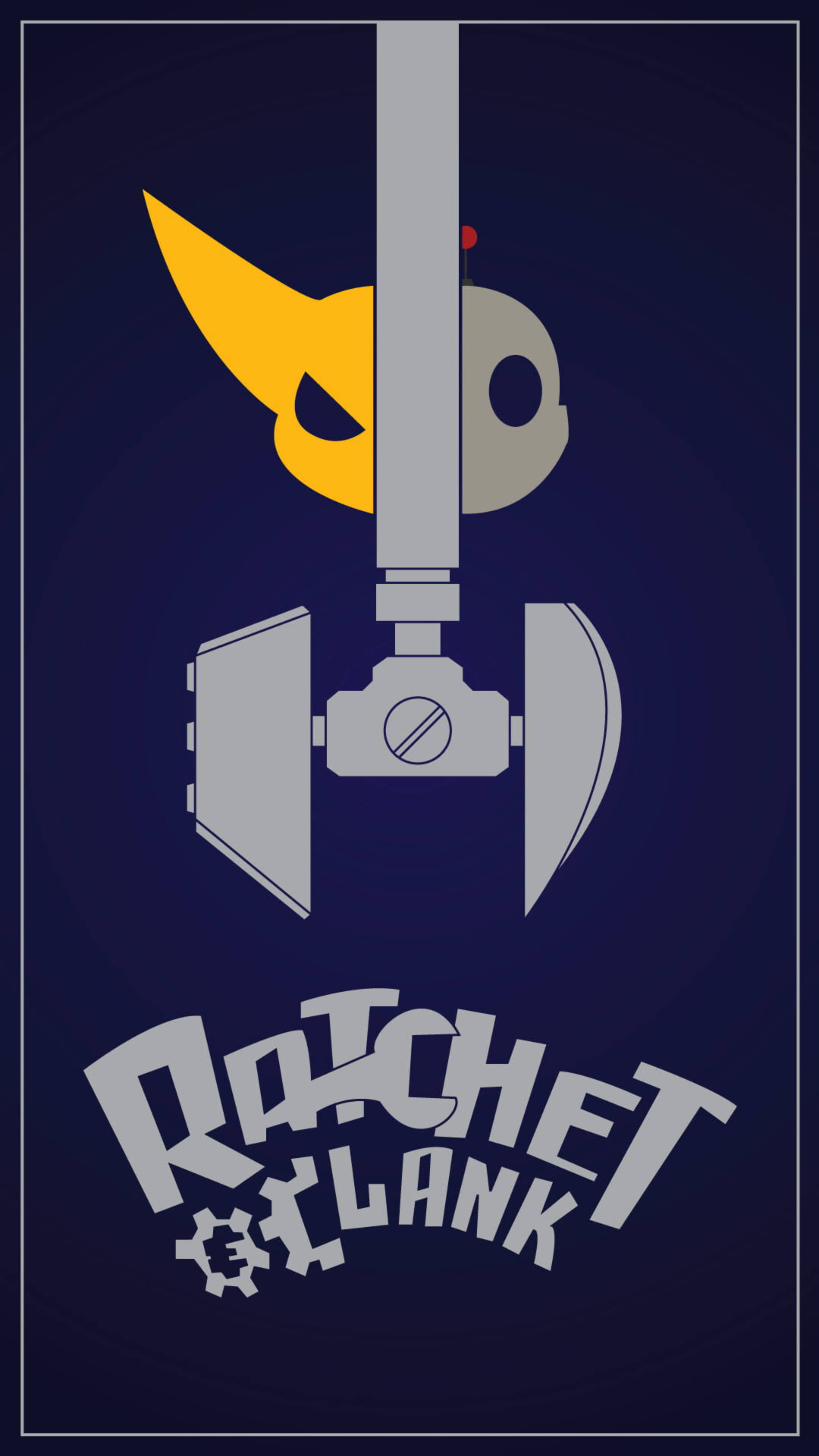 ratchet 桌布 壁紙 — 一個風格化的 Ratchet & Clank 標誌，帶有黃色扳手和灰色機械臂，背景為深藍色。