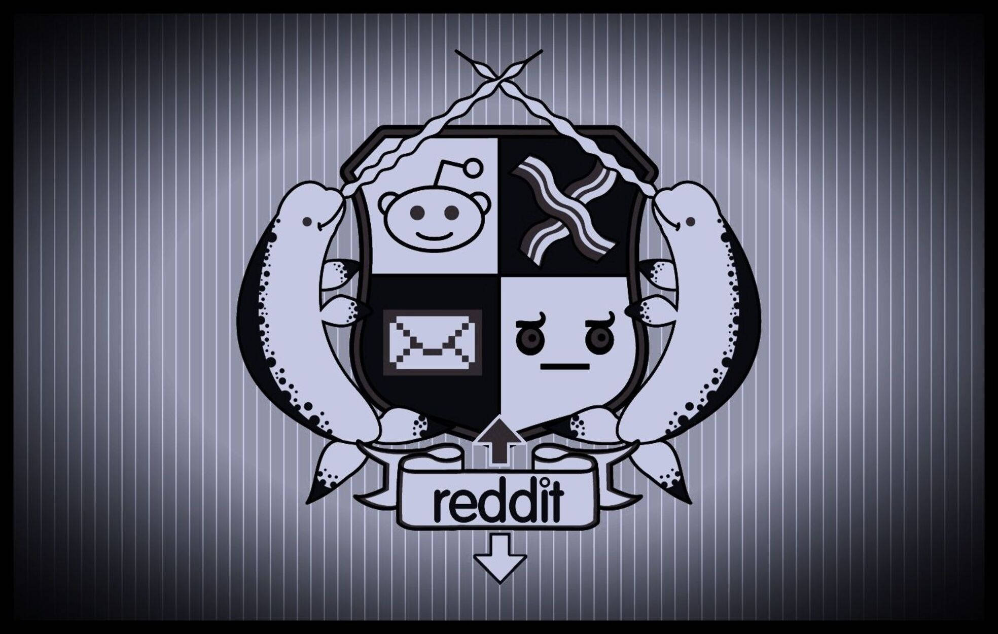 Reddit 桌布 壁紙 — 一個風格化的 Reddit 標誌，卡通海豹手持一個分為四個部分的盾牌，上面有標誌性符號，背景為條紋灰色。
