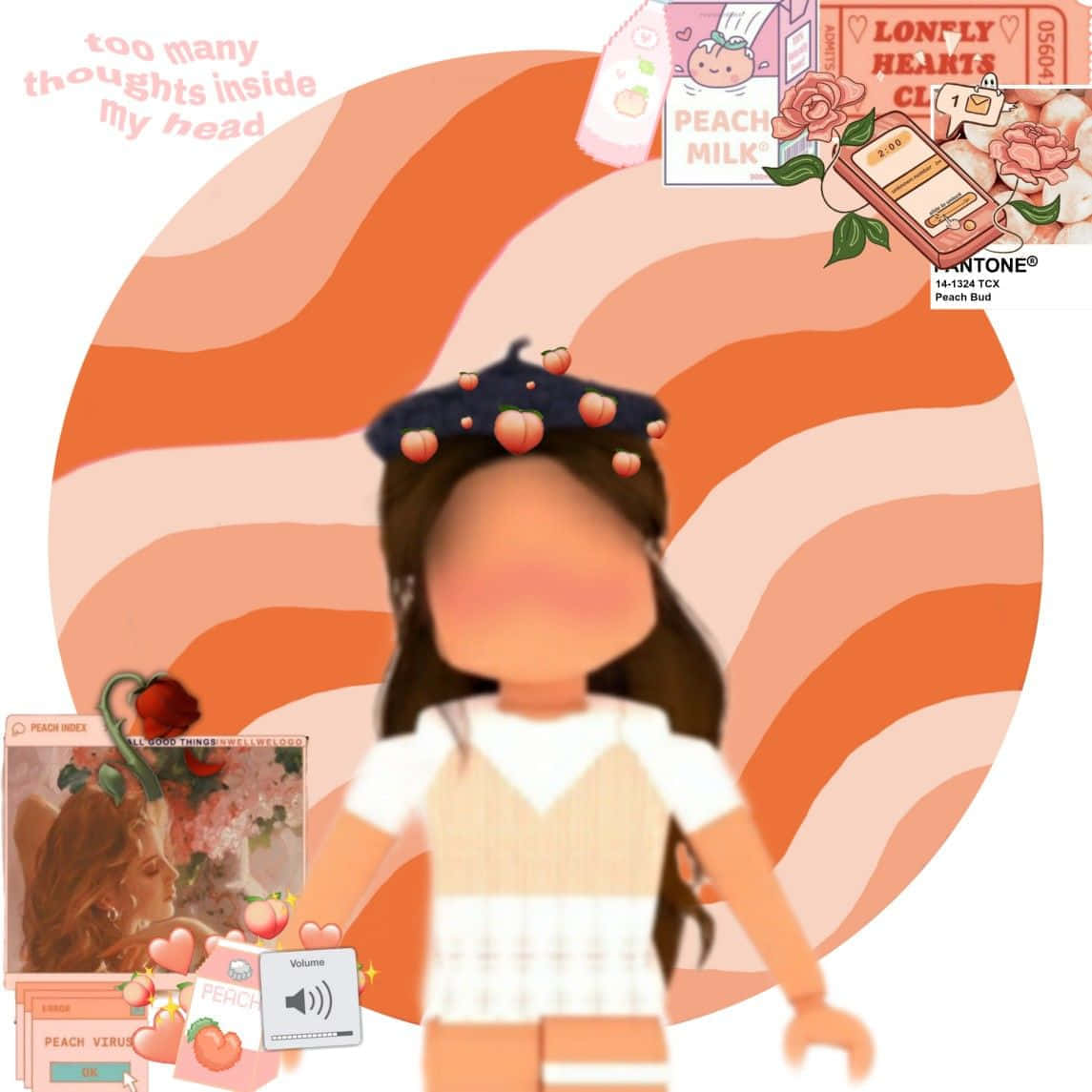 Preppy 桌布 壁紙 — 一個風格化的 Roblox 虛擬角色，配戴蜜桃主題飾品，站在一個旋轉的橙色和蜜桃色背景前，背景點綴著漂浮的蜜桃牛奶盒、玫瑰和文字疊加層。