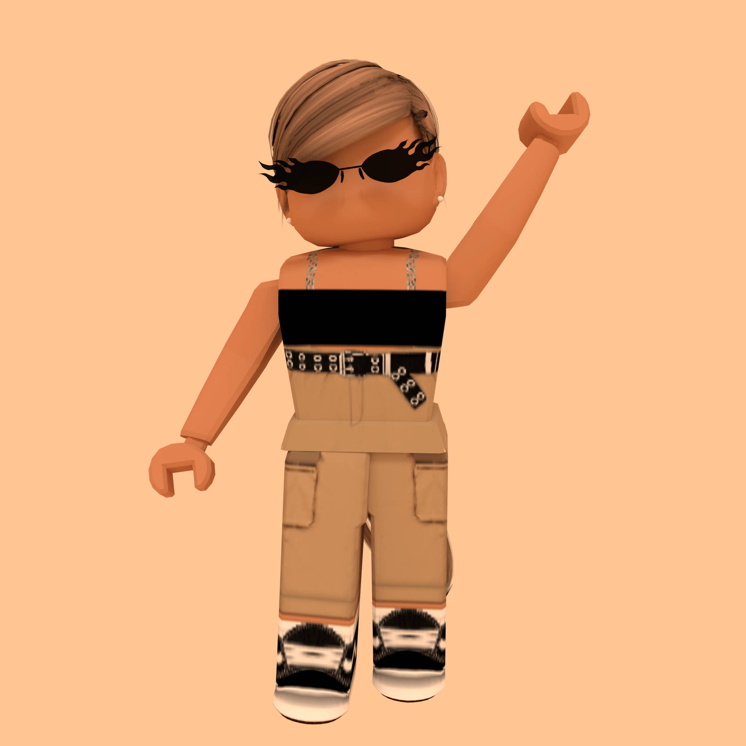Roblox 桌布 壁紙 — 一個風格化的 Roblox 頭像，短髮戴太陽眼鏡，在純蜜桃色背景前擺出自信姿勢。