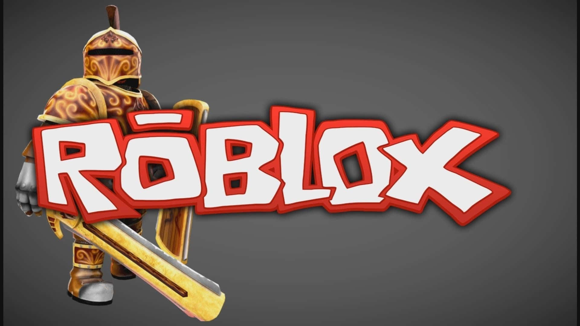 Roblox 桌布 壁紙 — 一個風格化的 Roblox 騎士穿著華麗盔甲，在粗體紅白 Roblox 標誌後方持劍。